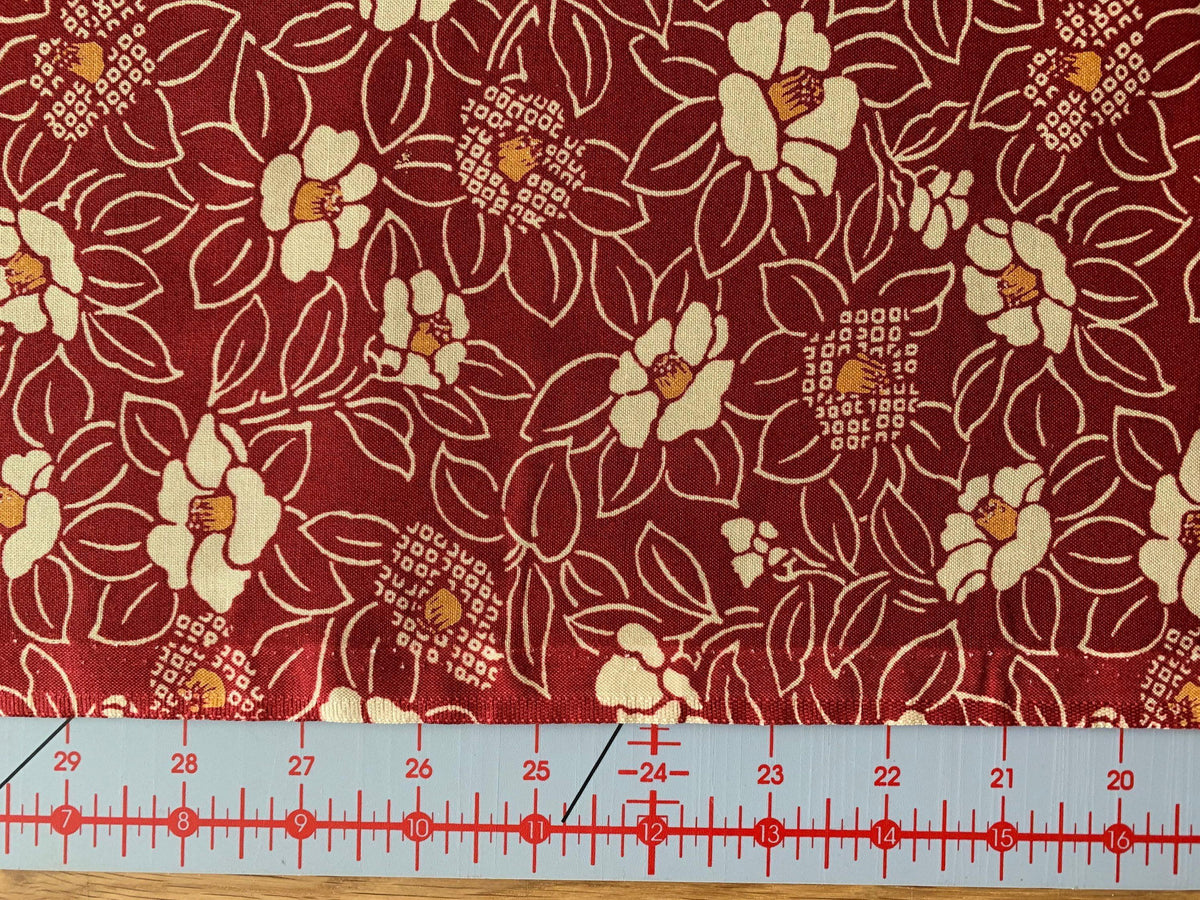 Kurenai - Blooming Camellias Cotton Fabric - Beige Red Orange
