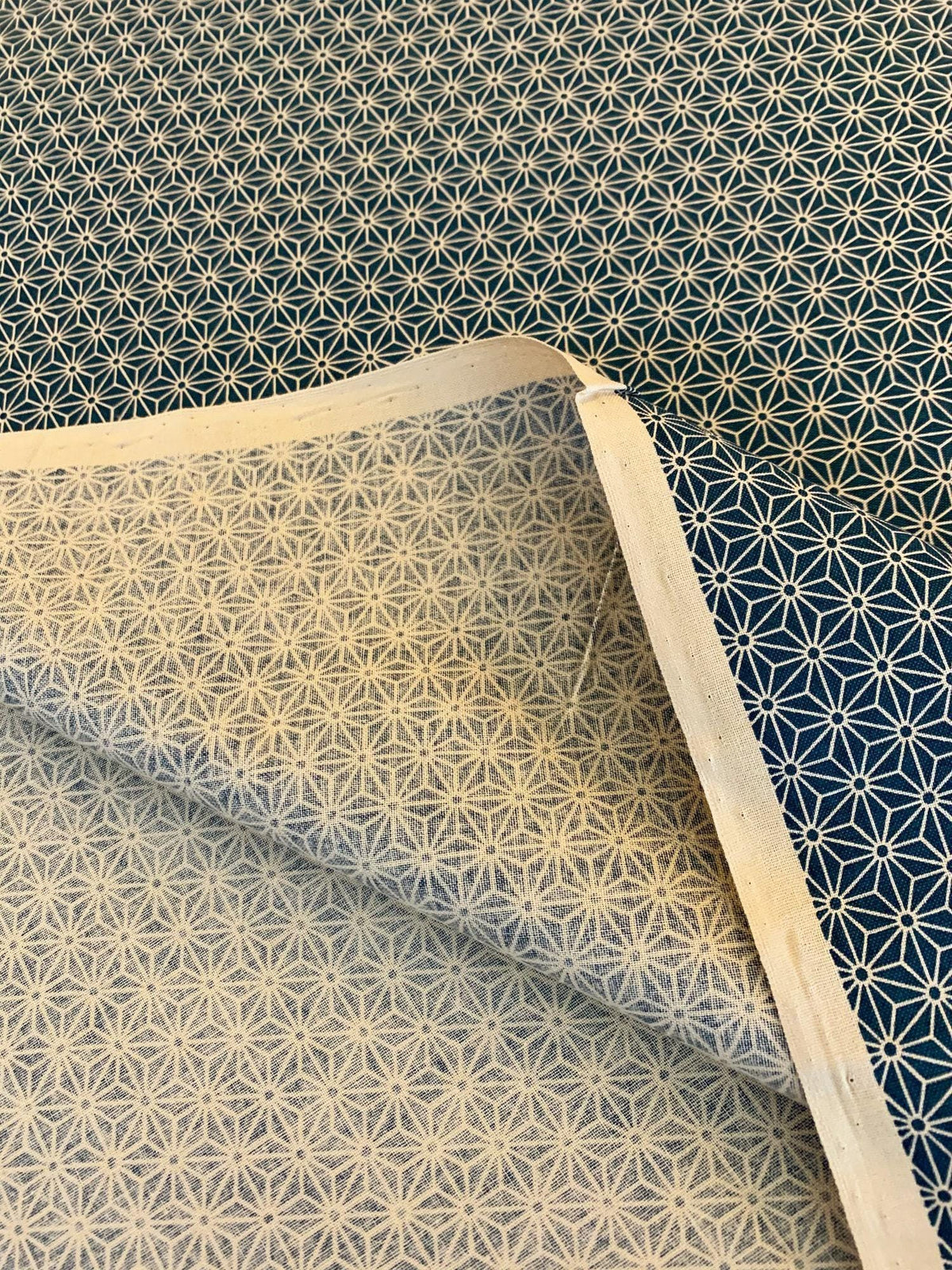 Sevenberry - Small Asanoha Stars in Beige on Twilight Blue Cotton Fabric - Beige Twilight Blue