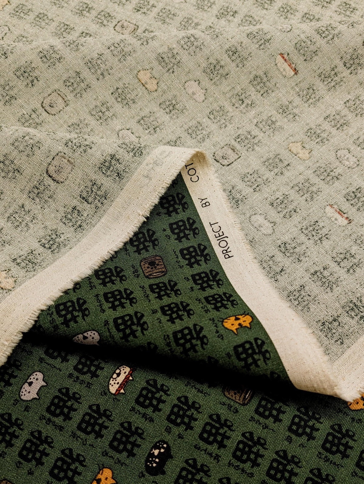 Kobayashi - Kanji Cats Cotton/Linen Light Canvas - Green and Black