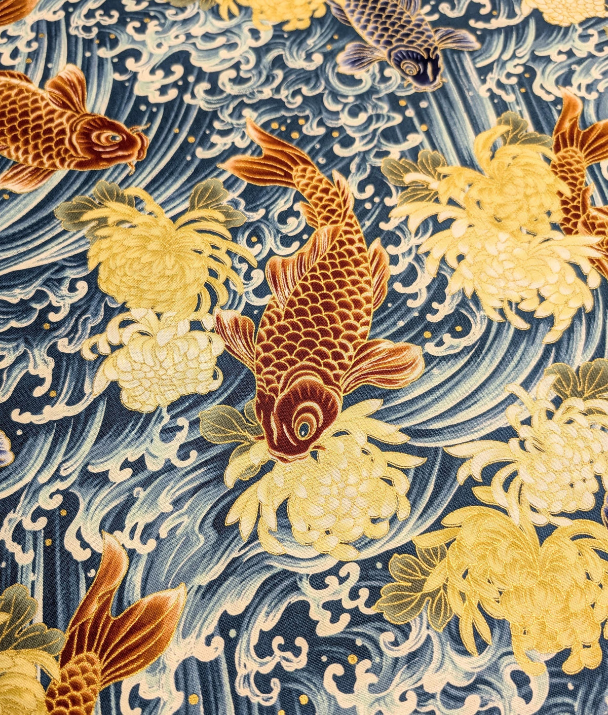 QuiltGate - Hyakka Ryoran Koi and Chrysanthemum Cotton Fabric - Teal
