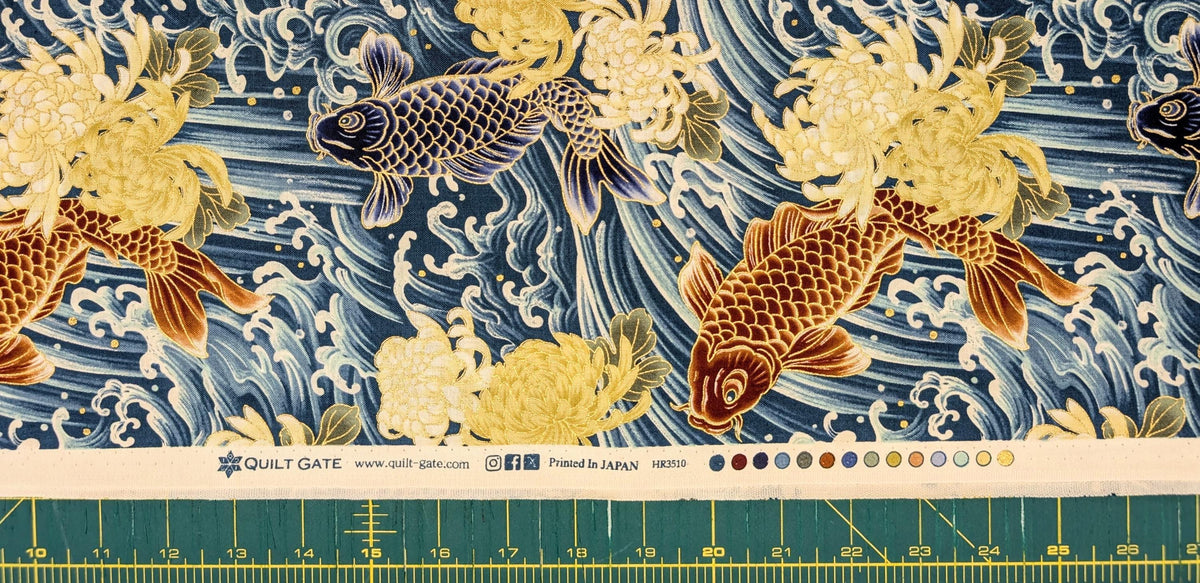 QuiltGate - Hyakka Ryoran Koi and Chrysanthemum Cotton Fabric - Teal