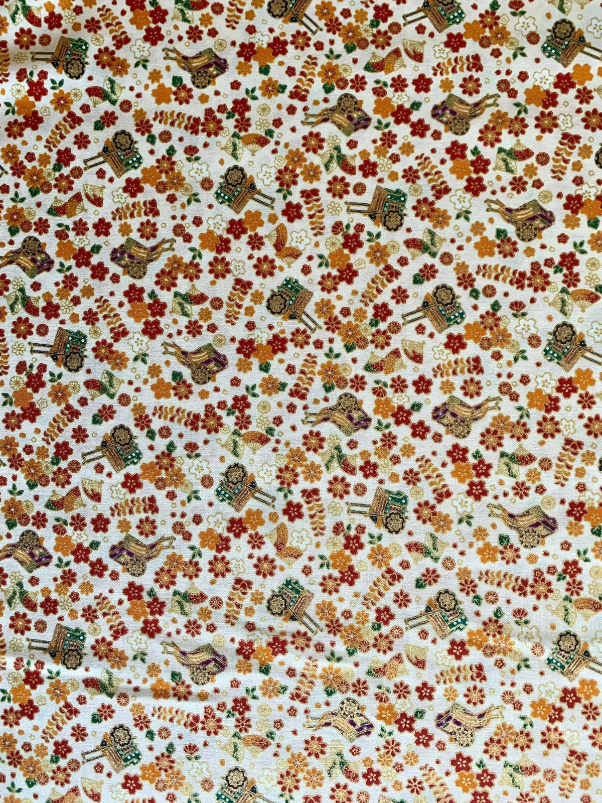 Naka - Royal Carts and Blossoms Cotton Fabric - Cream Gold