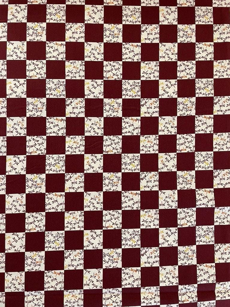 Kurenai - Checkerboard Dragonflies Cotton Fabric - Red