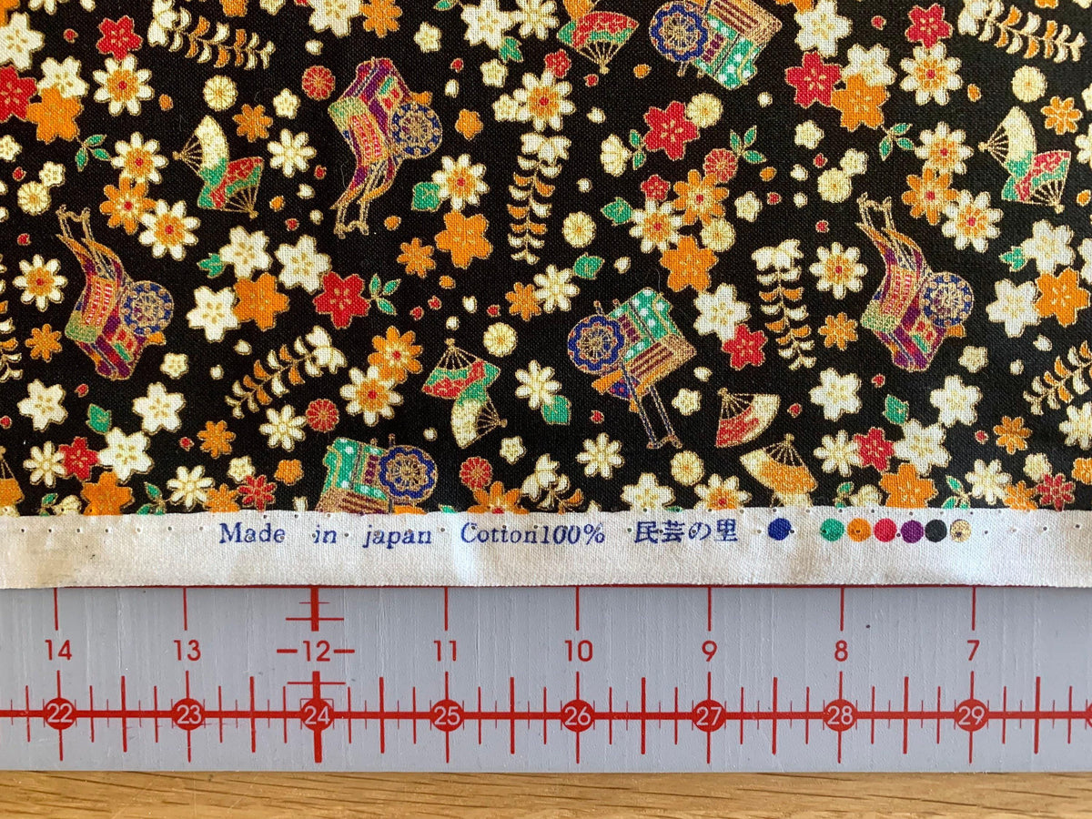 Naka - Royal Carts and Blossoms Cotton Fabric - Black Gold