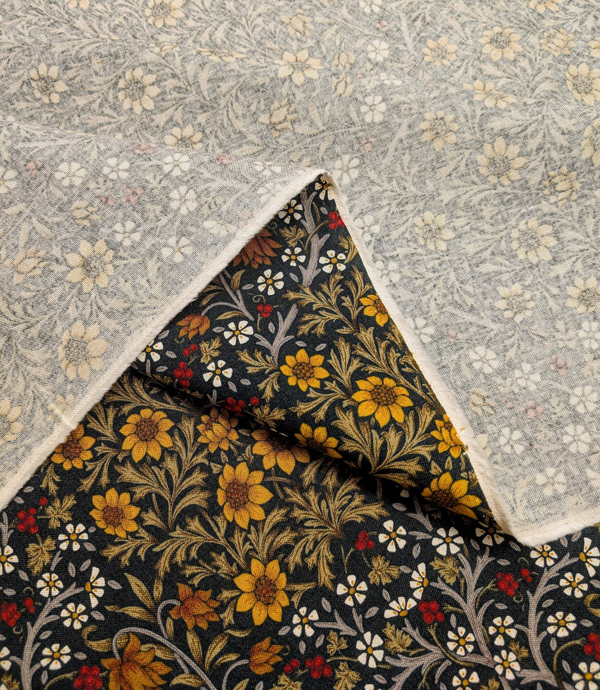 Morris Flower Fields Kobayashi Japanese cotton oxford canvas fabric KTS-6994 D black & yellow