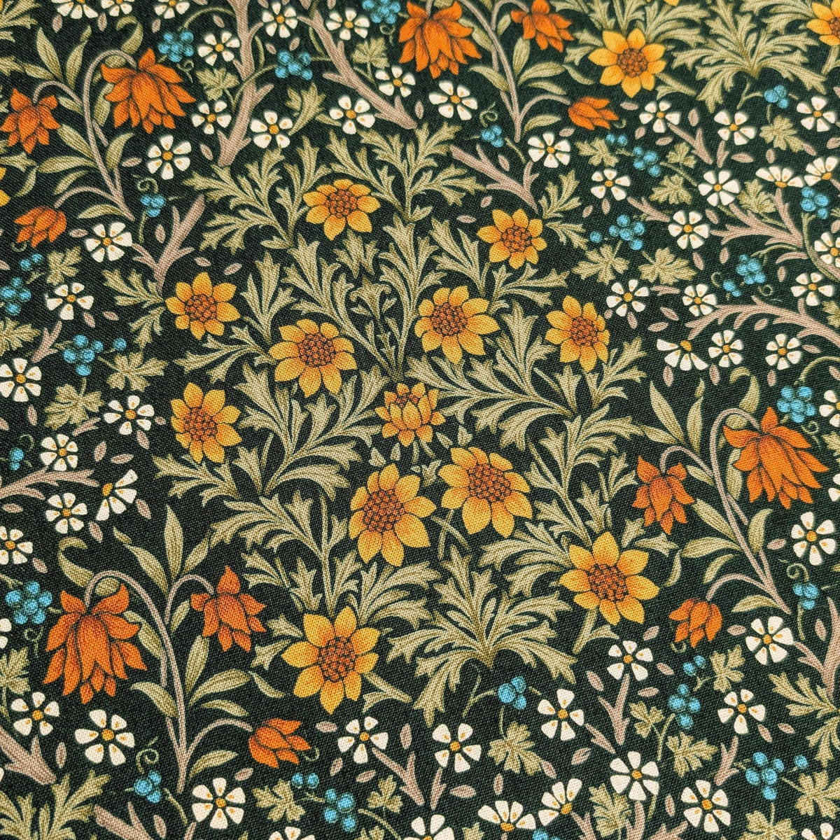 Morris Flower Fields Kobayashi Japanese cotton oxford canvas fabric KTS-6994 E green & yellow