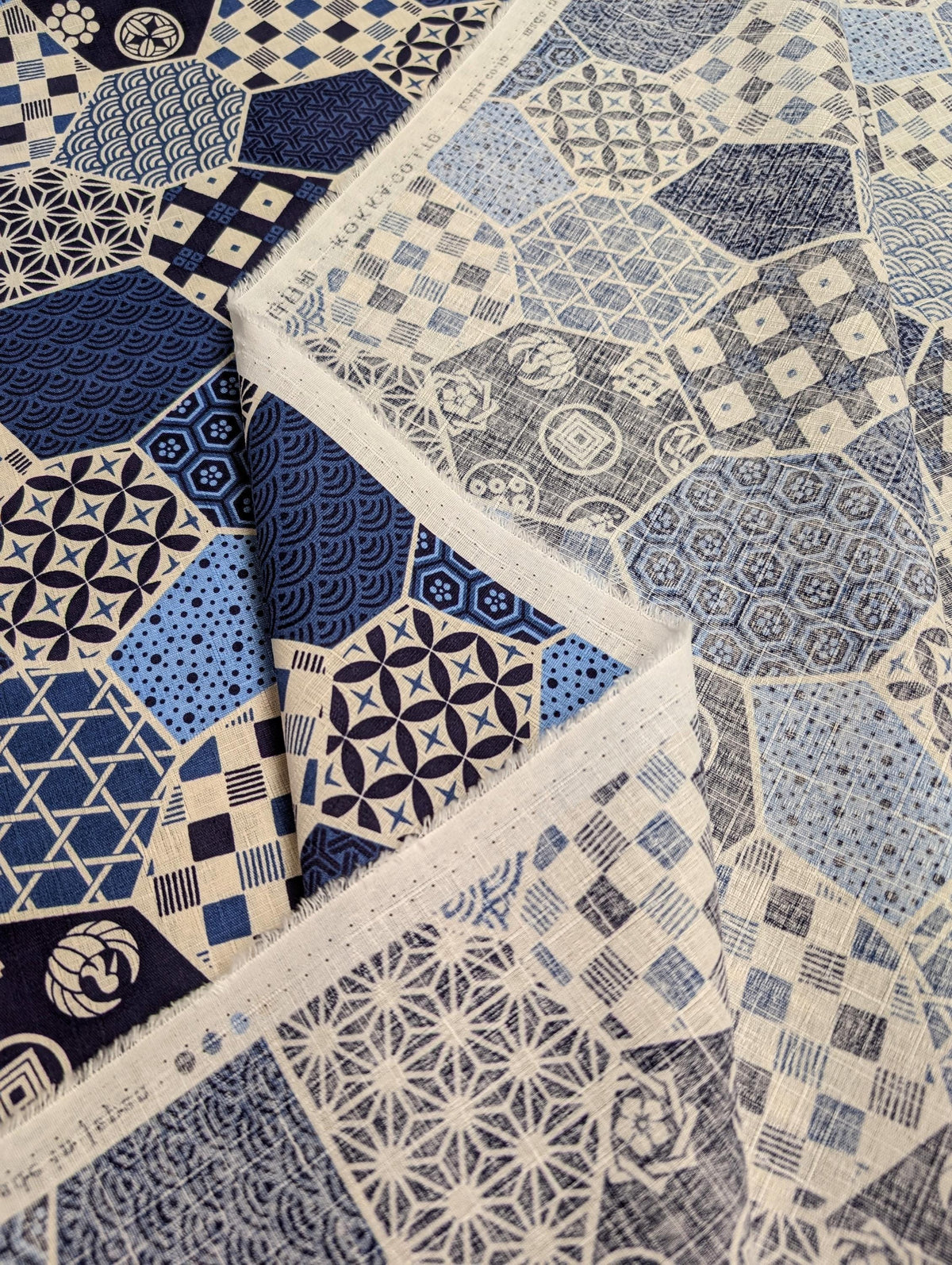 Kokka - Crested Patchwork Cotton Dobby - Blues and White