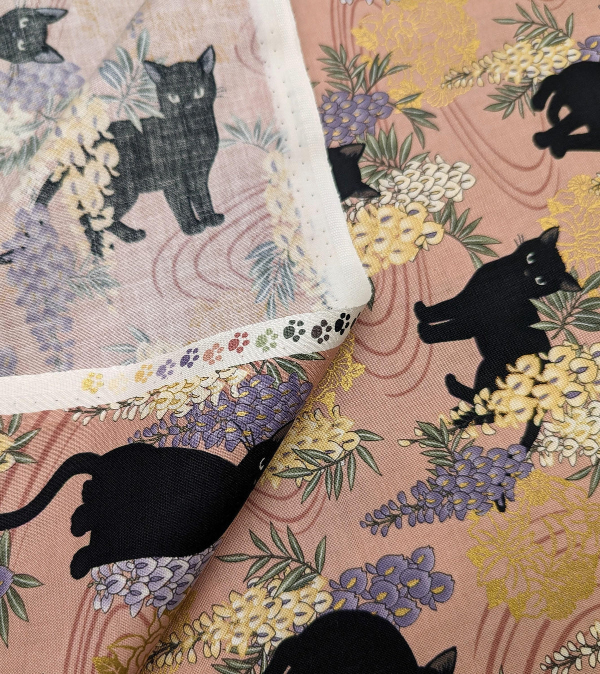 QuiltGate - Hyakka Ryoran Cats and Wisteria Cotton Fabric - Pink