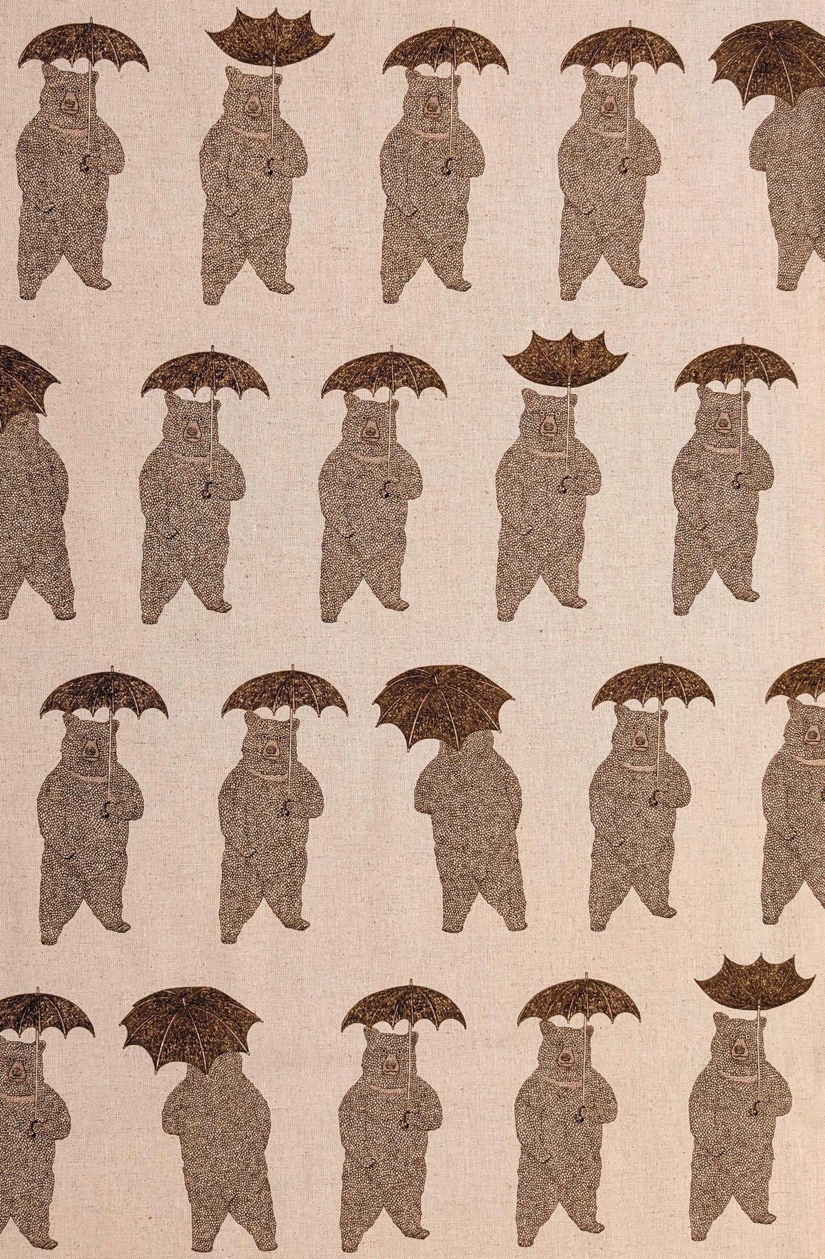 Koizumi - Bear-Able Weather Bears with Umbrellas Cotton/Linen Canvas - Beige Brown