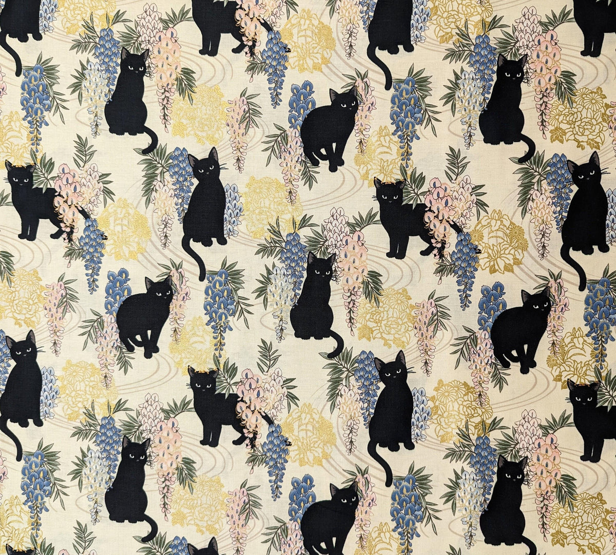 QuiltGate - Hyakka Ryoran Cats and Wisteria Cotton Fabric - White
