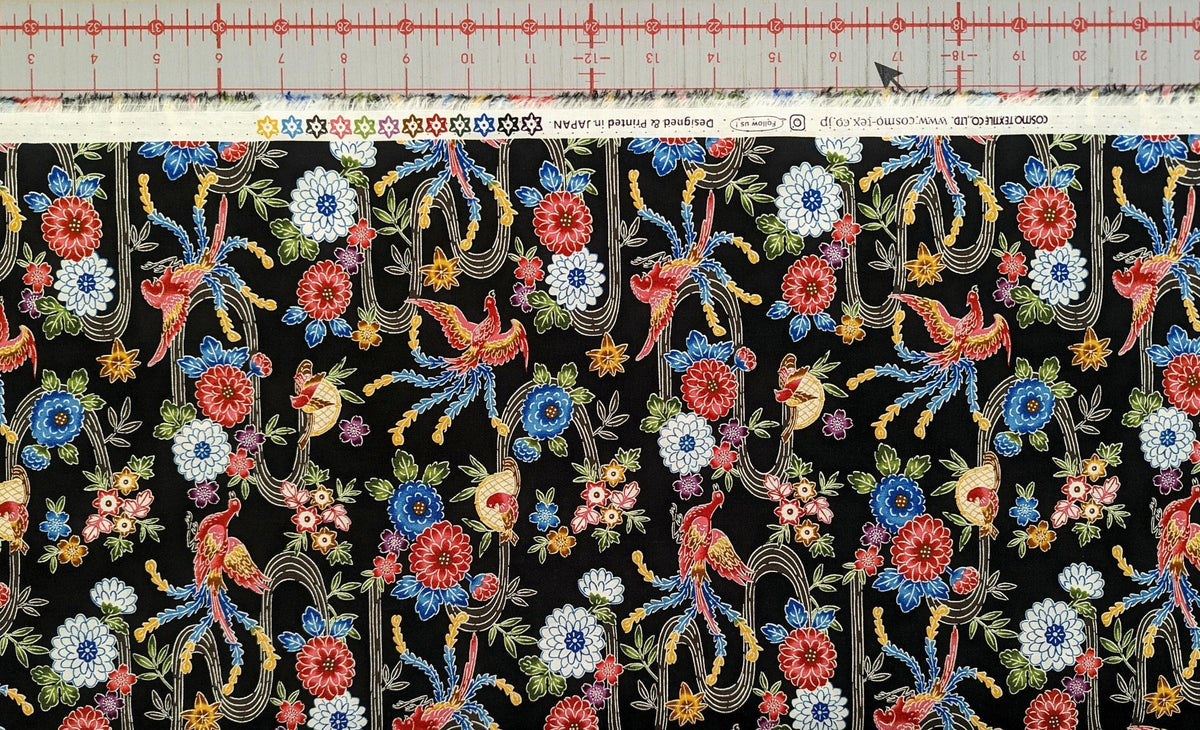 Cosmo - Bingata Phoenix and Flowers Cotton - Black