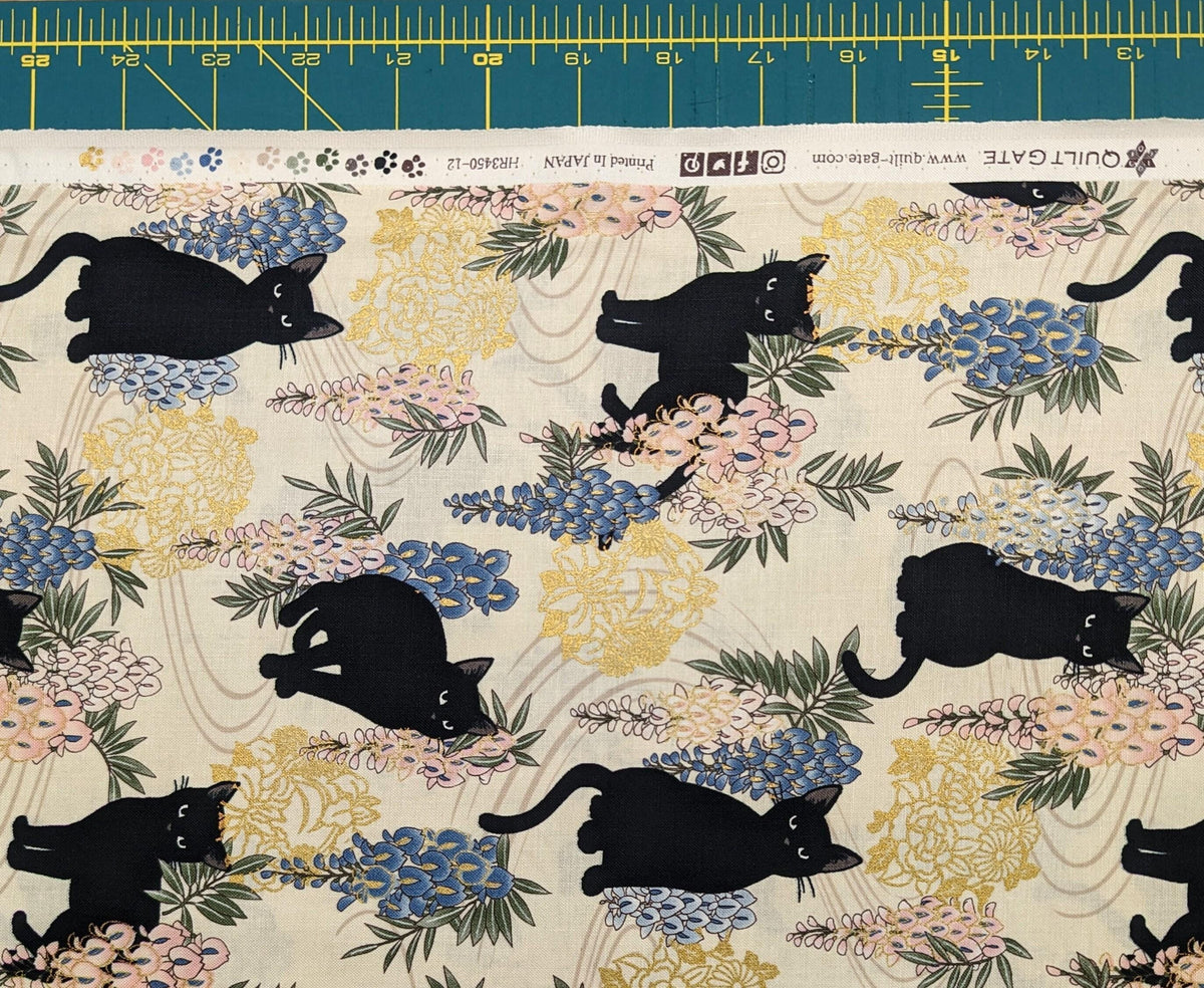 QuiltGate - Hyakka Ryoran Cats and Wisteria Cotton Fabric - White
