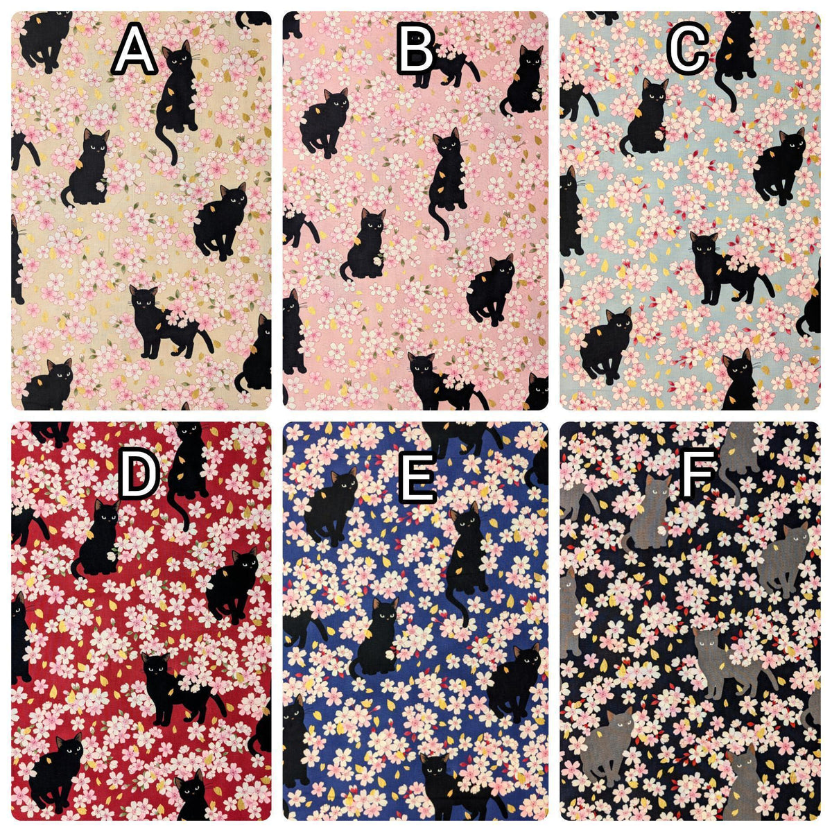 QuiltGate - Hyakka Ryoran Black Cats and Cherry Blossoms Cotton Fabric - Black