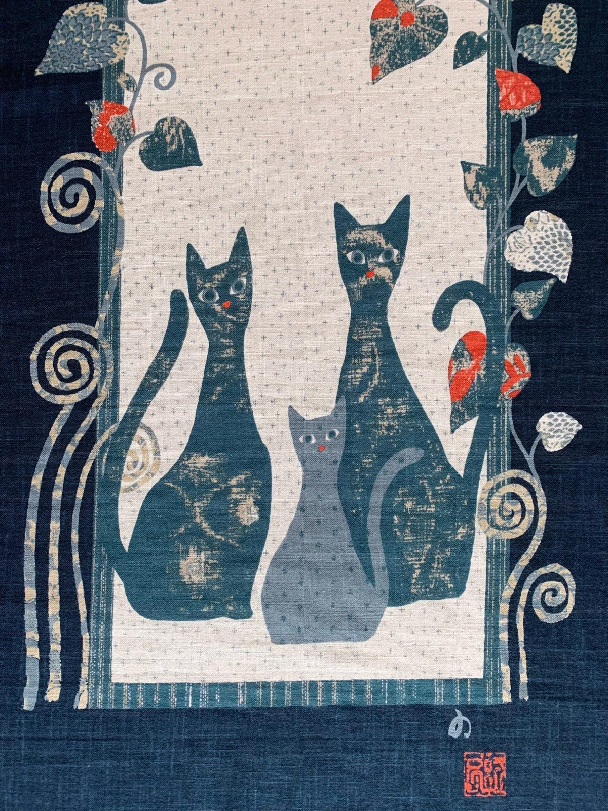 Kurenai - Tall Cats Japanese Noren Panel - Blue