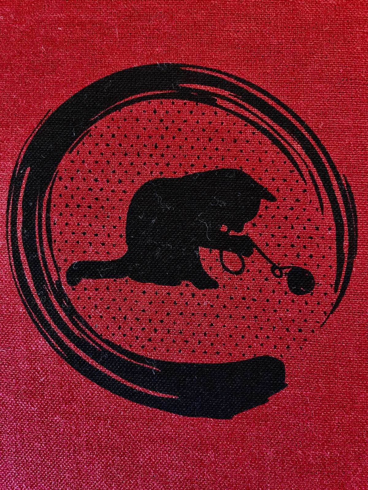 Orimono Imports - Playful Cat and Kitten with Stripes and Dots Fabric Panel - Red