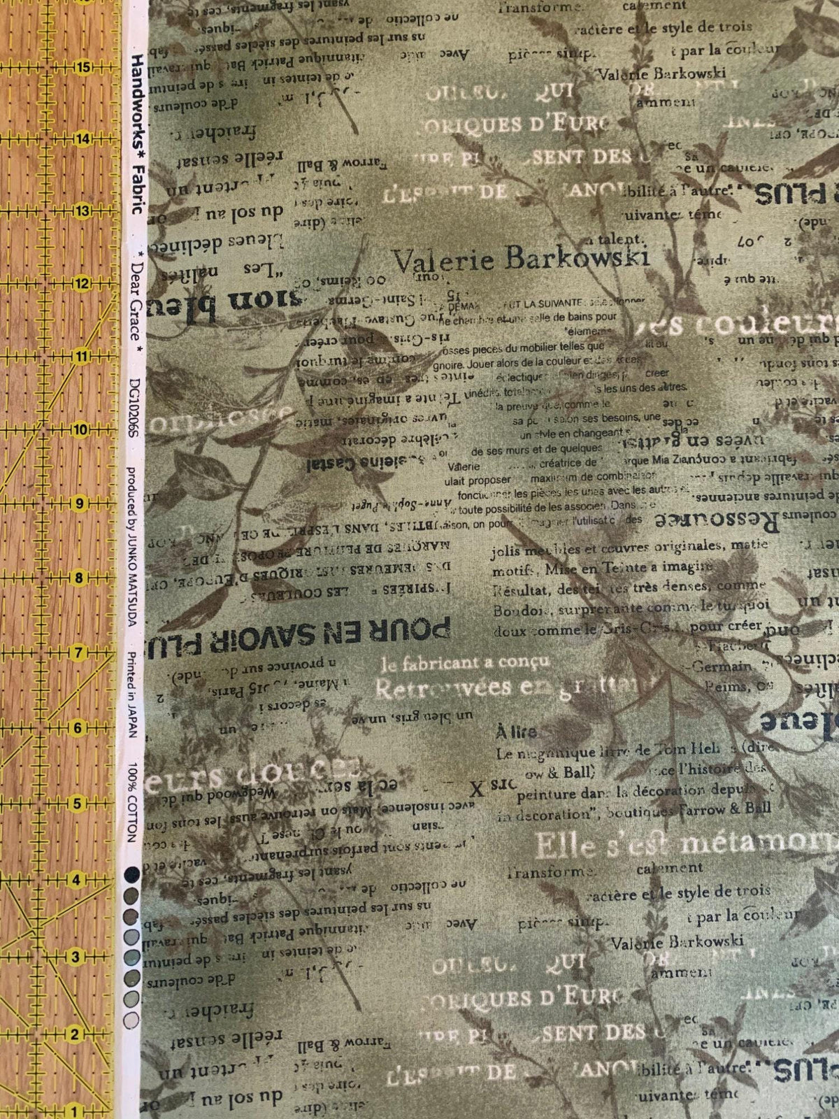 Vancet - Dear Grace Floral Text Cotton Fabric - Green Brown
