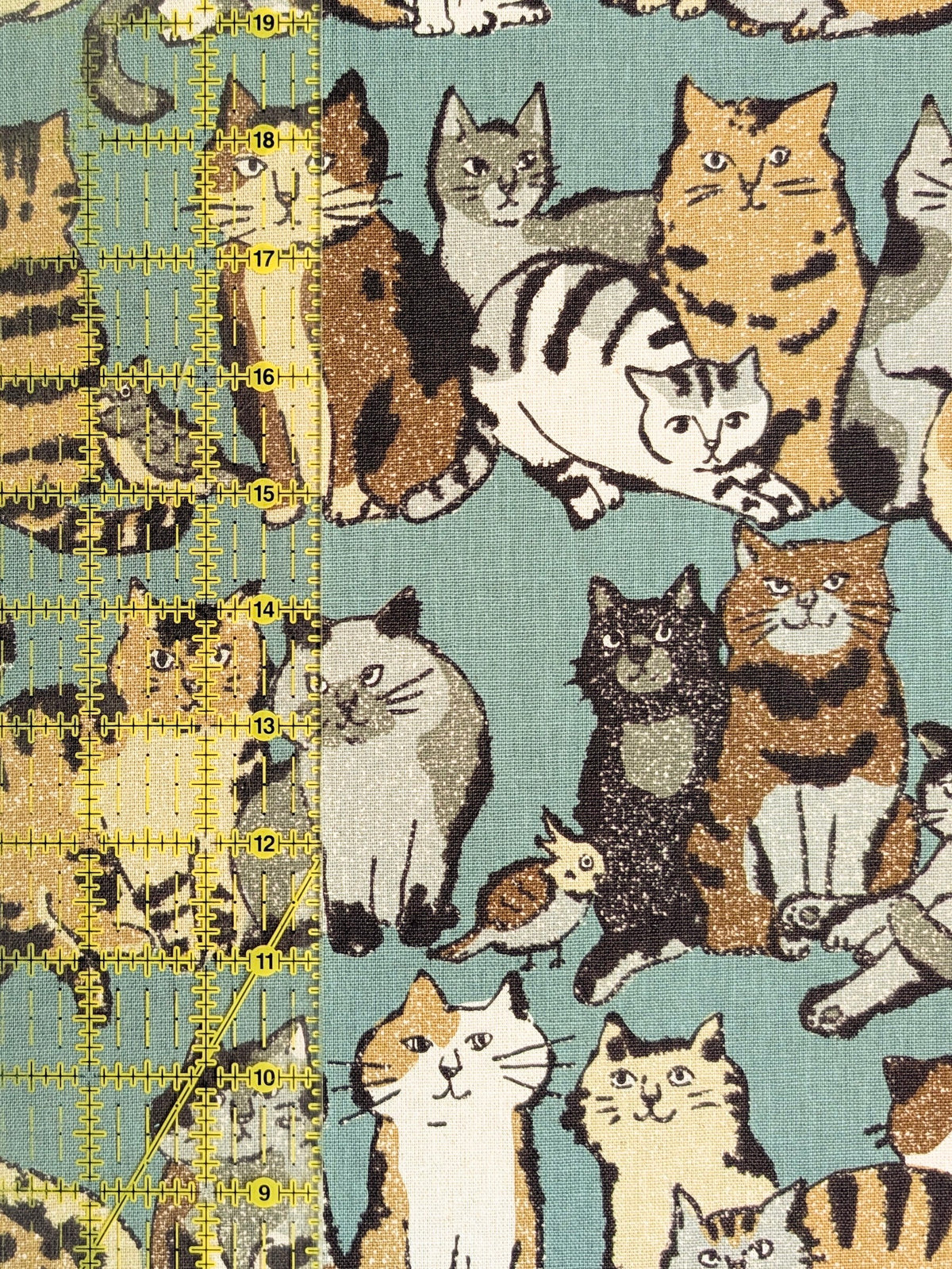 Kokka - Artsy Cats Cotton Linen Canvas - Teal