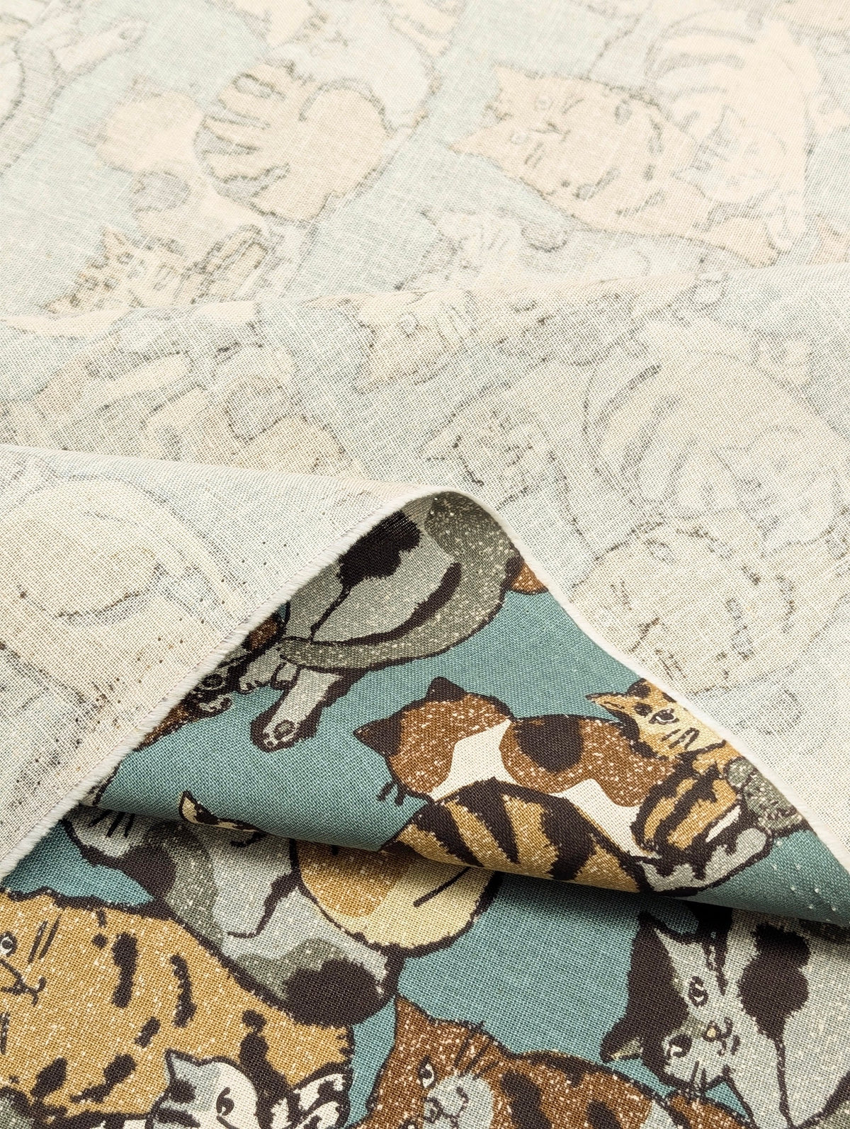 Kokka - Artsy Cats Cotton Linen Canvas - Teal