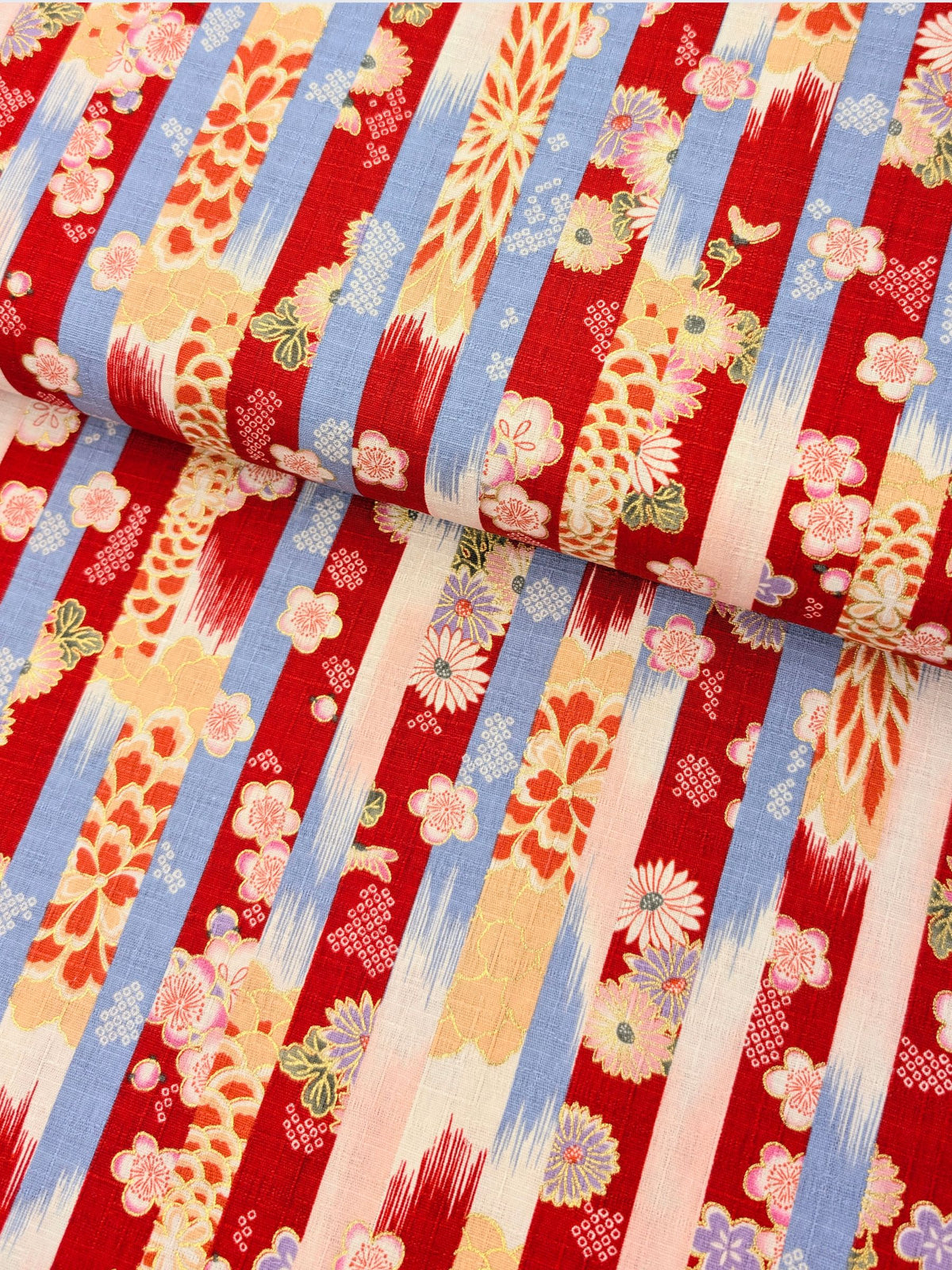 Hokkoh - Golden Wagara Stripe Cotton Dobby Fabric - Red & Blue