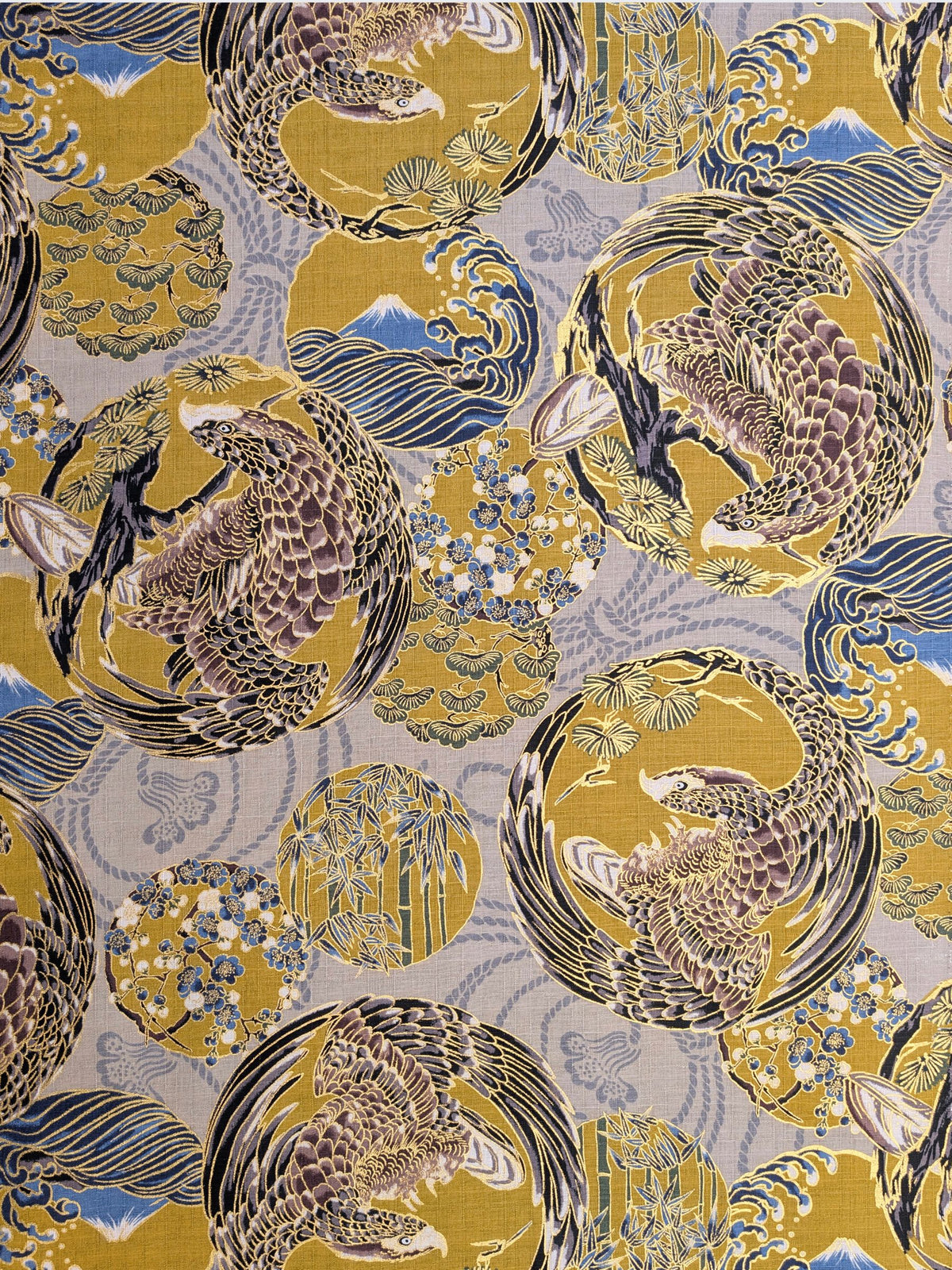 Hokkoh - Golden Circling Hawks Cotton Dobby Fabric - Gray & Yellow
