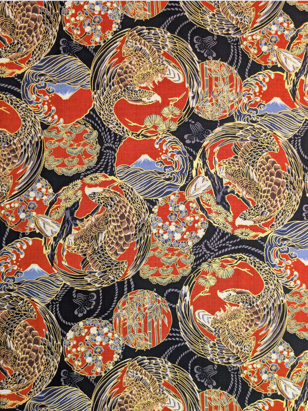 Hokkoh - Golden Circling Hawks Cotton Dobby Fabric - Black & Red