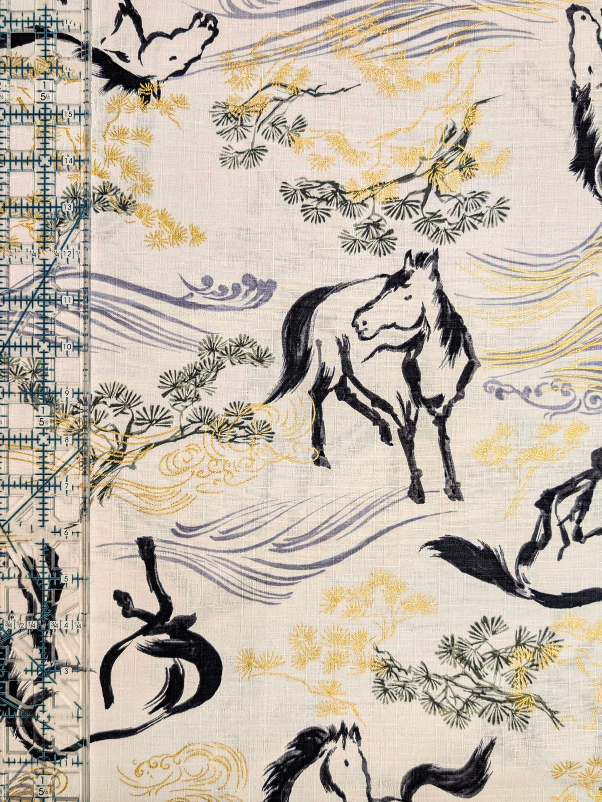 Hokkoh - Traditional Horses Cotton Dobby Fabric - White