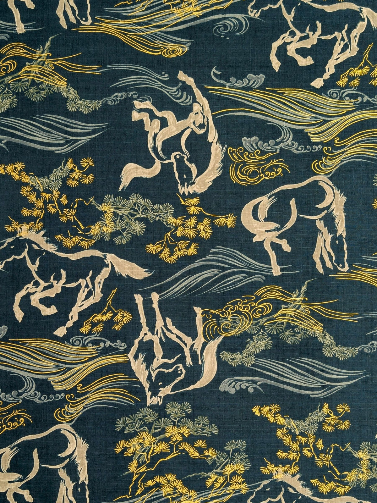 Hokkoh - Traditional Horses Cotton Dobby Fabric - Teal