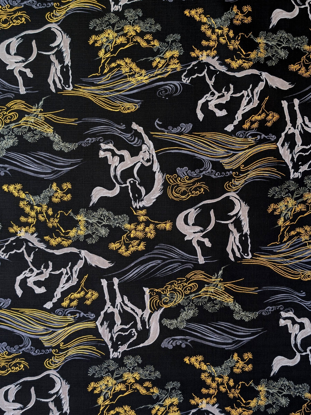 Hokkoh - Traditional Horses Cotton Dobby Fabric - Black