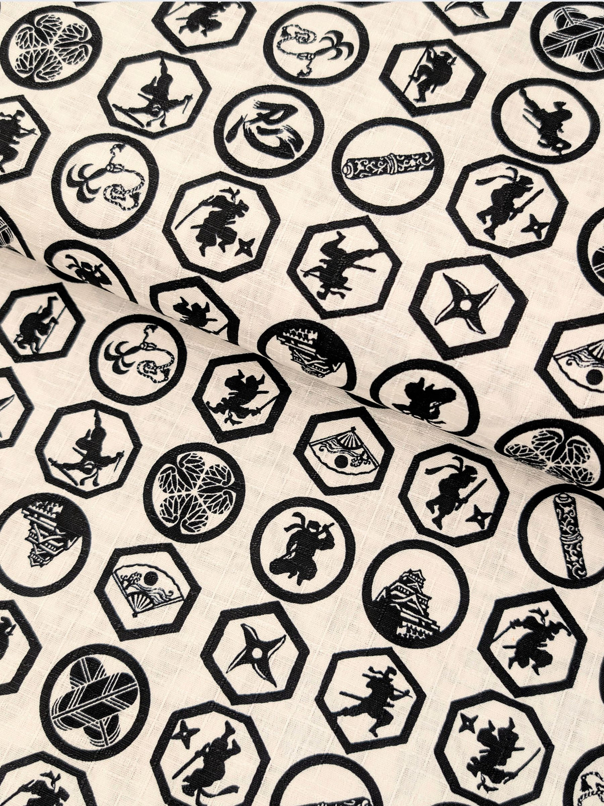 Hokkoh - Ninja Crests Cotton Dobby Fabric - White & Black