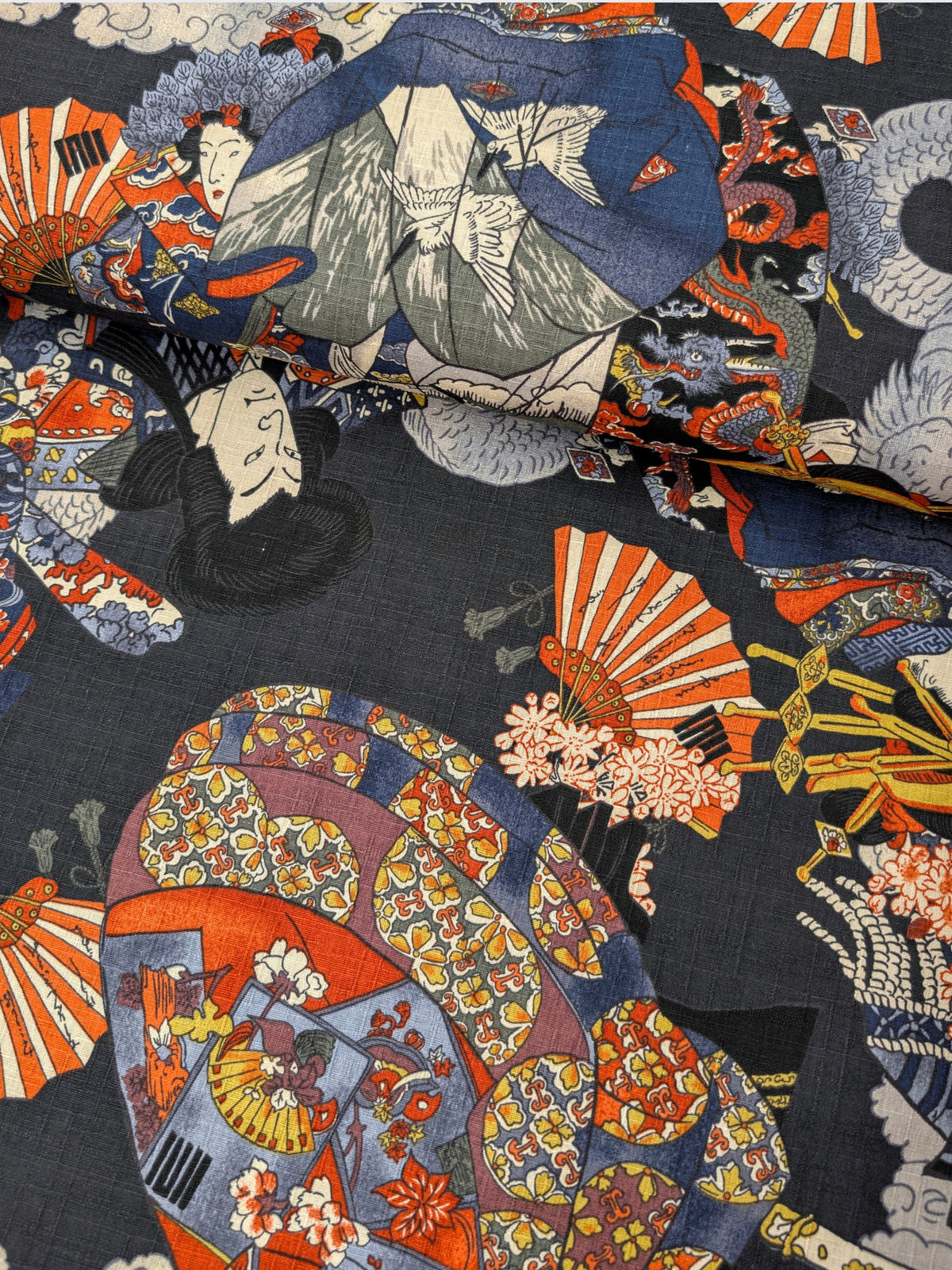 Hokkoh - Geisha & Samurai Cotton Dobby Fabric - Charcoal REMNANT