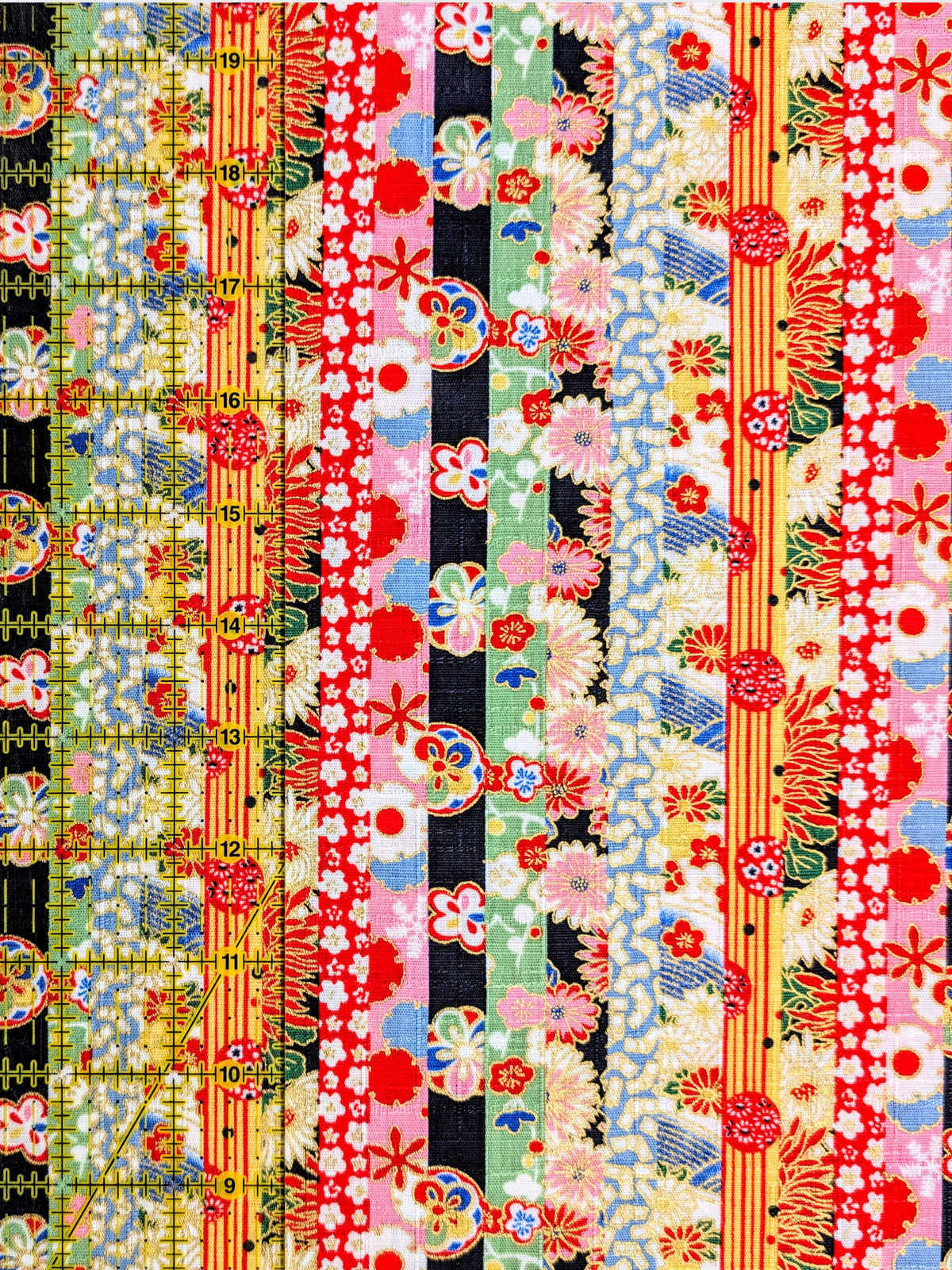 Hokkoh - Golden Floral Stripe Cotton Dobby Fabric - Black & Green REMNANT
