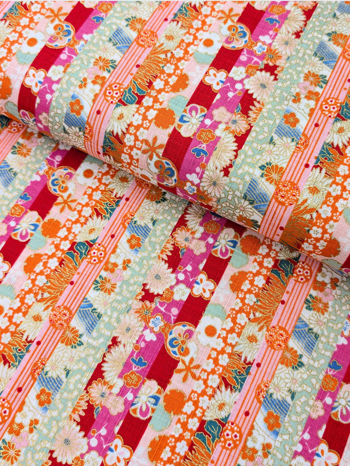 Hokkoh - Golden Floral Stripe Cotton Dobby Fabric - Red & Green REMNANT