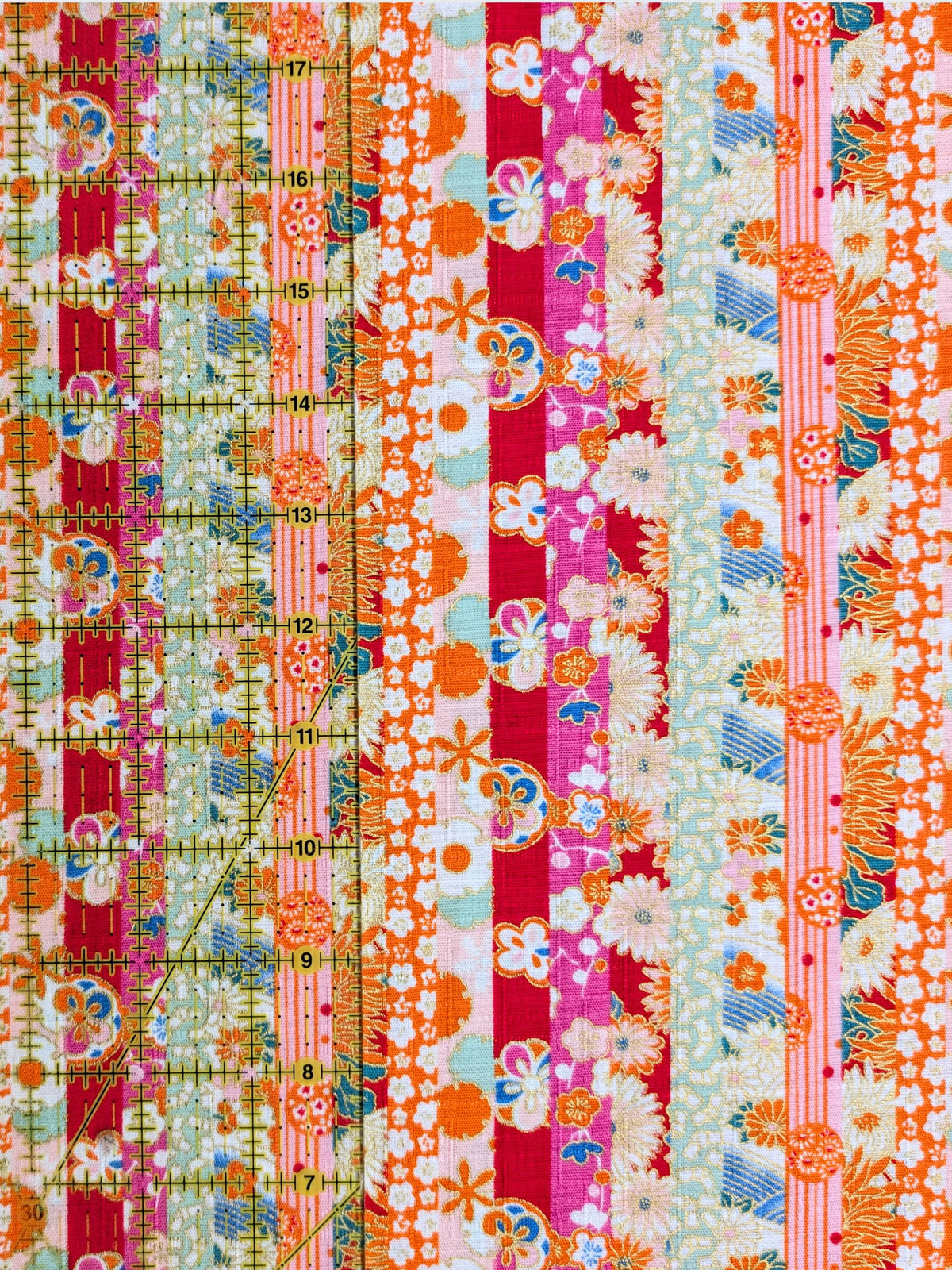 Hokkoh - Golden Floral Stripe Cotton Dobby Fabric - Red & Green REMNANT