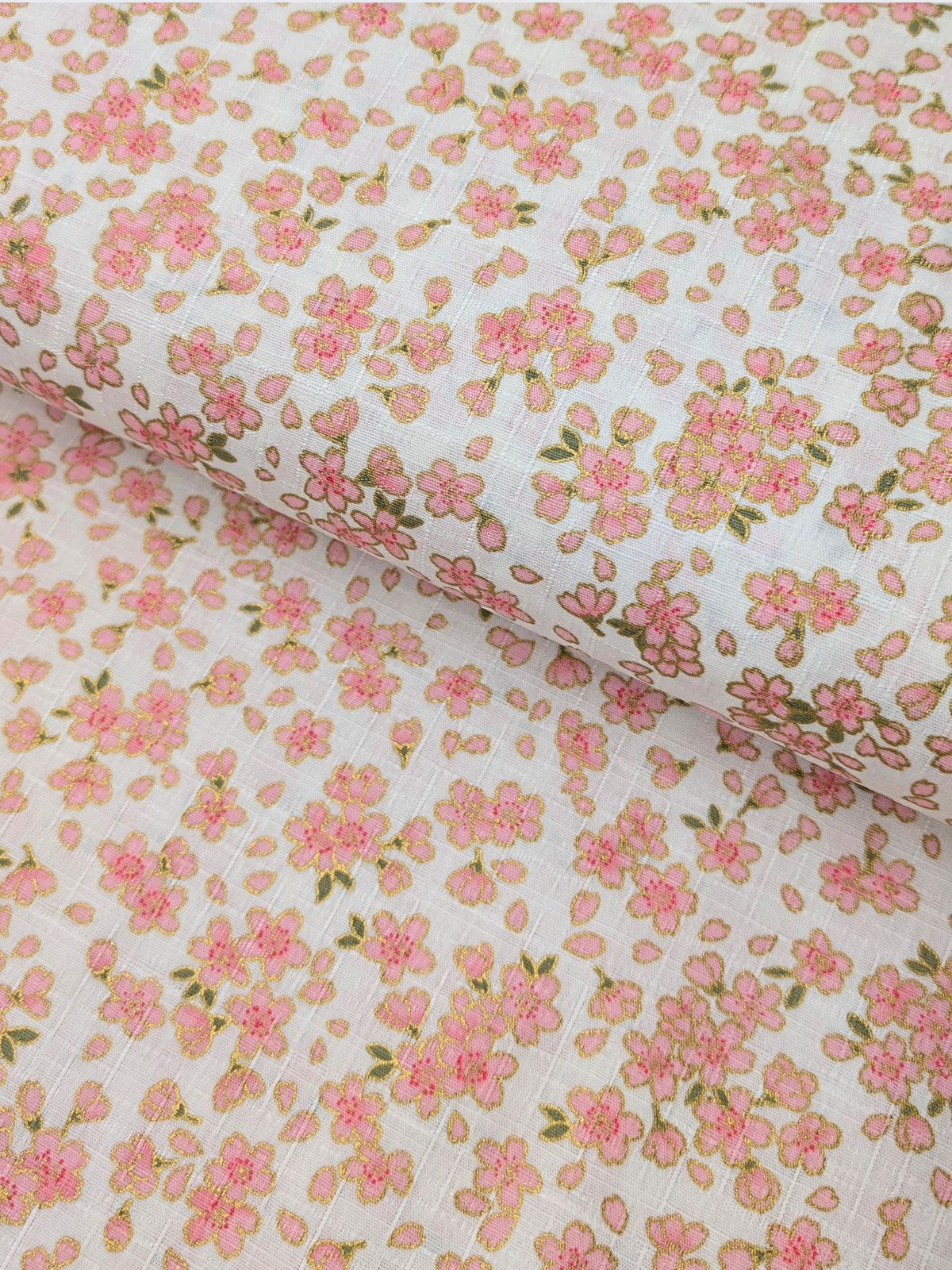 Hokkoh - Tiny Golden Cherry Blossoms Cotton Dobby Fabric - White