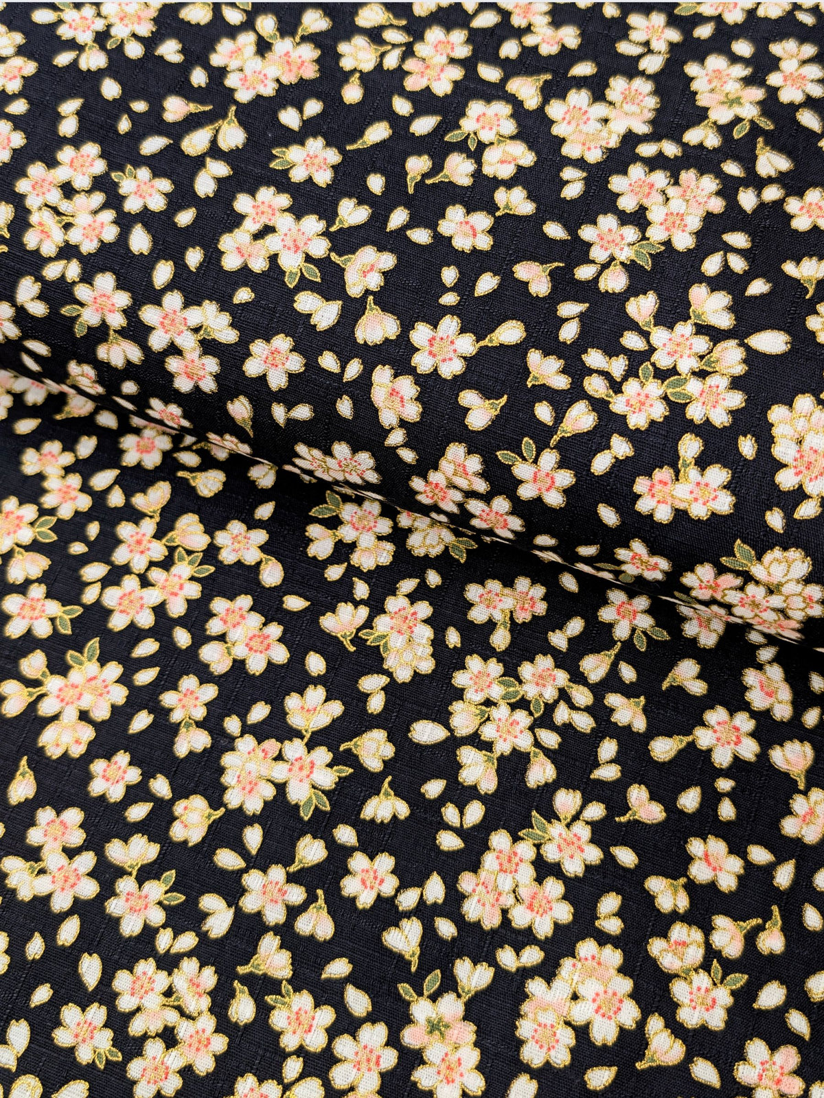 Hokkoh - Tiny Golden Cherry Blossoms Cotton Dobby Fabric - Black