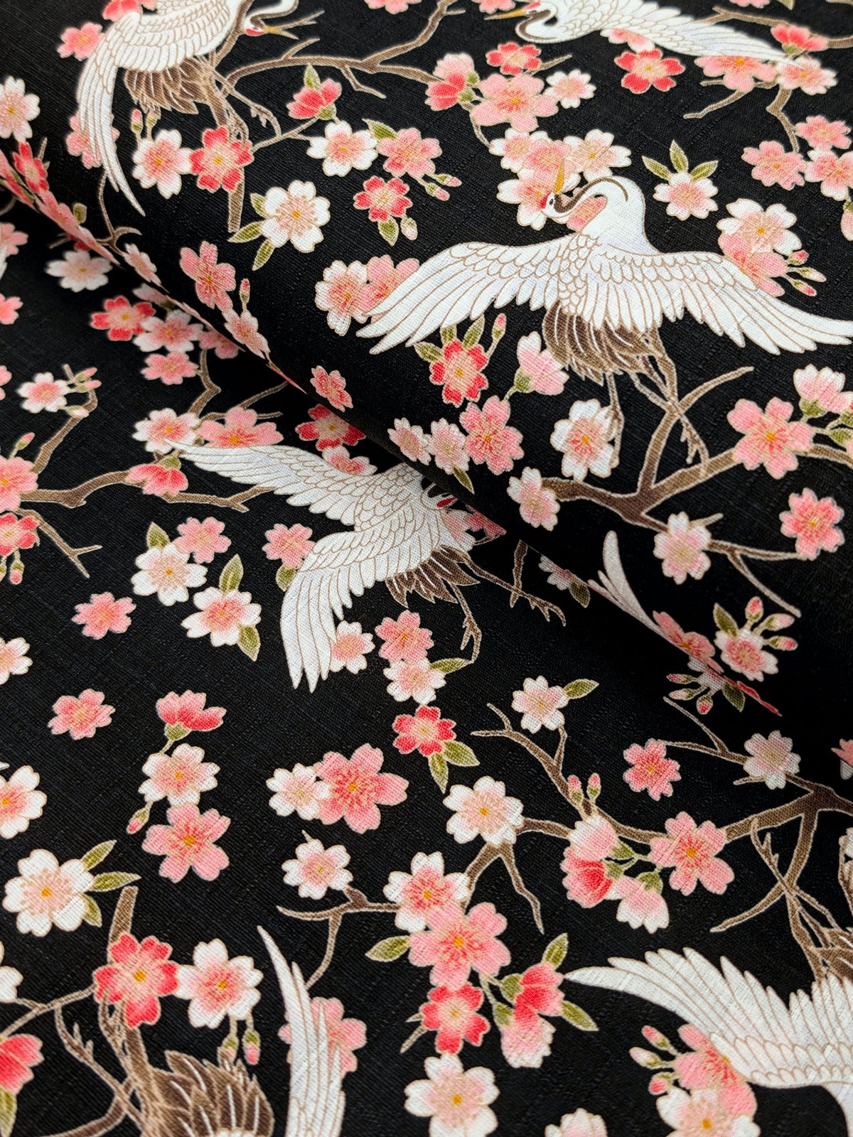 Hishiei - Cranes and Cherry Blossoms Cotton Dobby Fabric - Black REMNANT