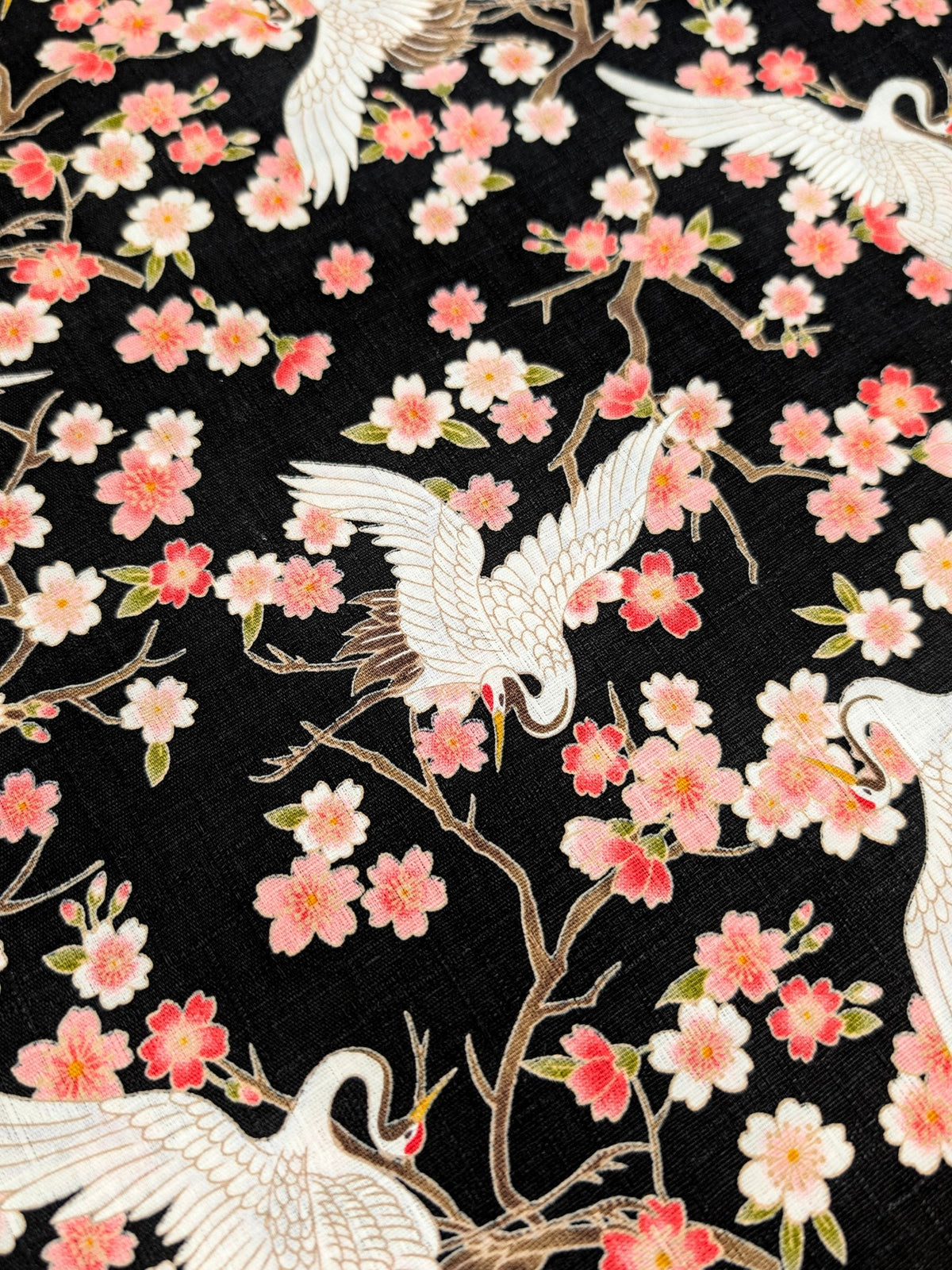 Hishiei - Cranes and Cherry Blossoms Cotton Dobby Fabric - Black REMNANT