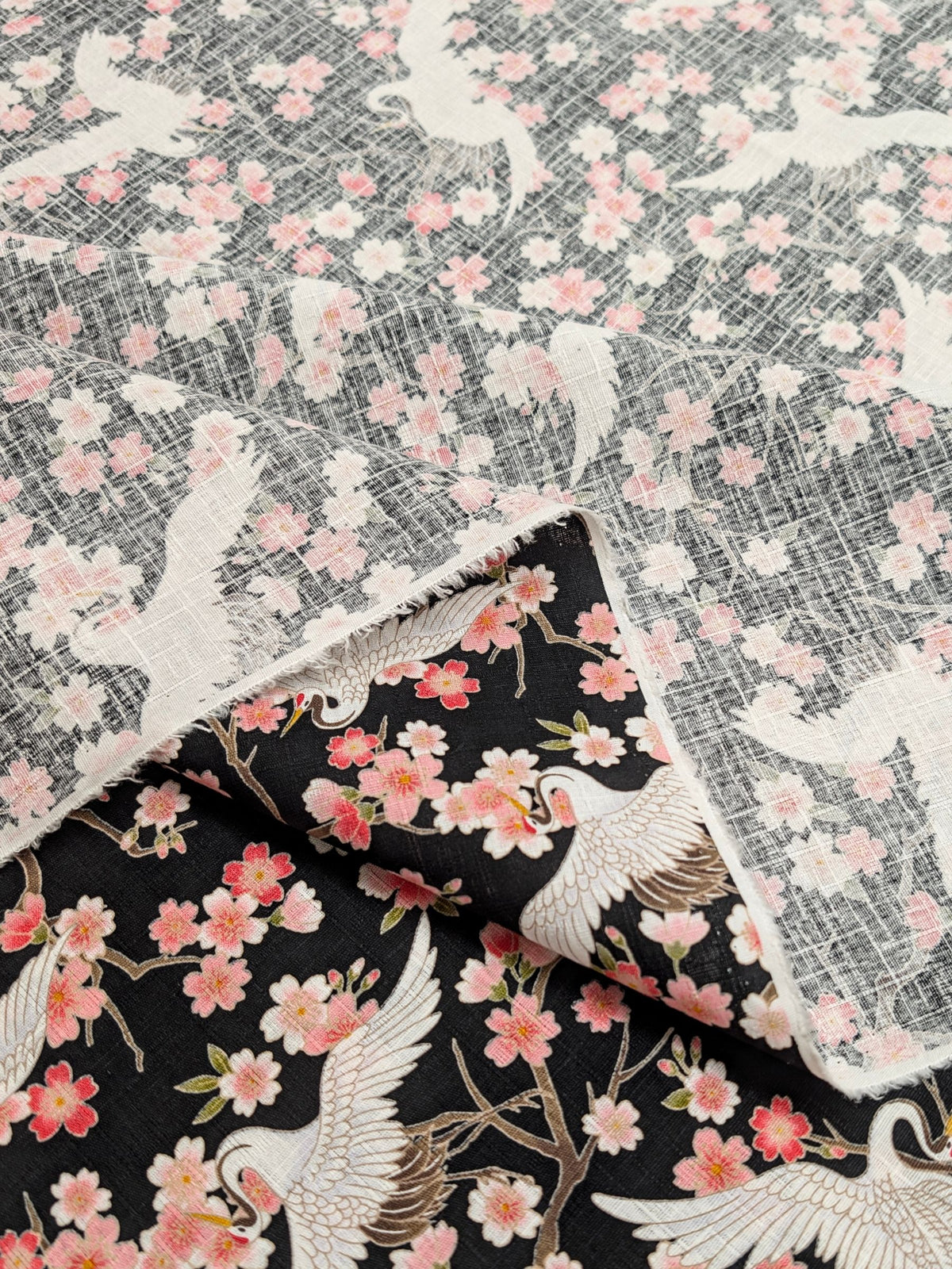 Hishiei - Cranes and Cherry Blossoms Cotton Dobby Fabric - Black REMNANT