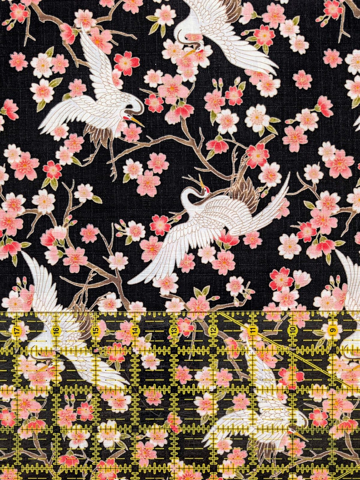 Hishiei - Cranes and Cherry Blossoms Cotton Dobby Fabric - Black REMNANT