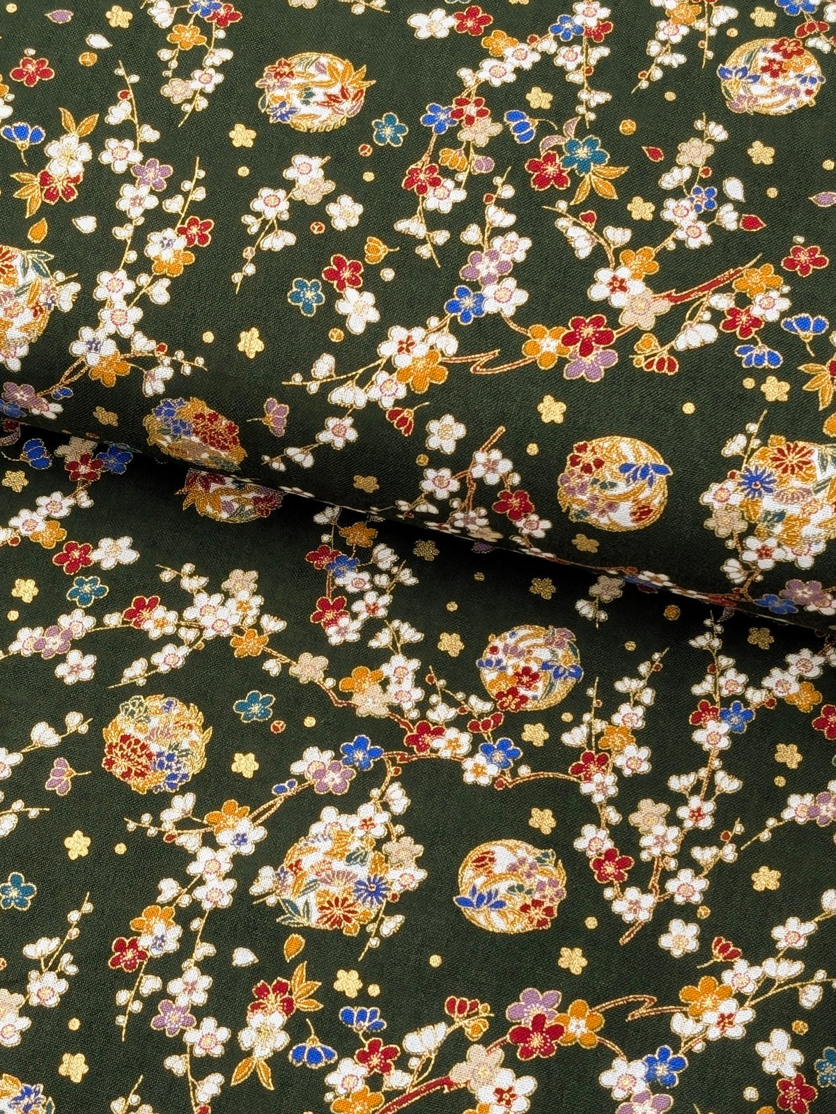 Naka -  Metallic Cherry Blossom Circles Cotton Sheeting Fabric - Green