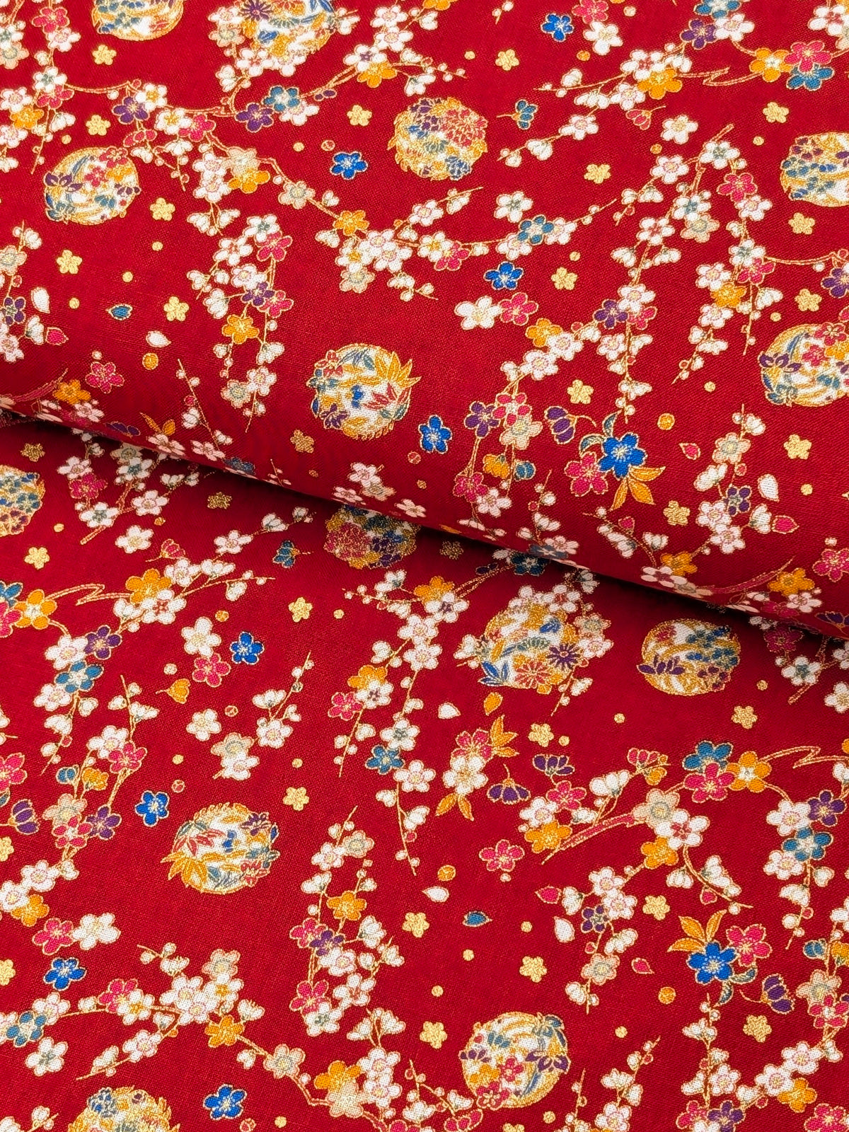 Naka -  Metallic Cherry Blossom Circles Cotton Sheeting Fabric - Red