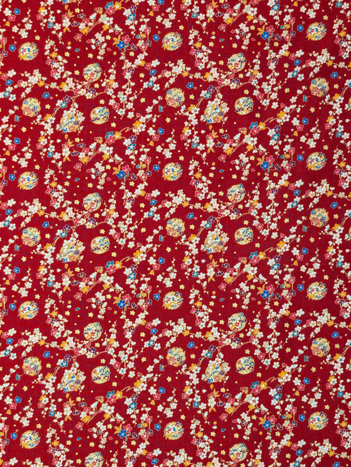 Naka -  Metallic Cherry Blossom Circles Cotton Sheeting Fabric - Red