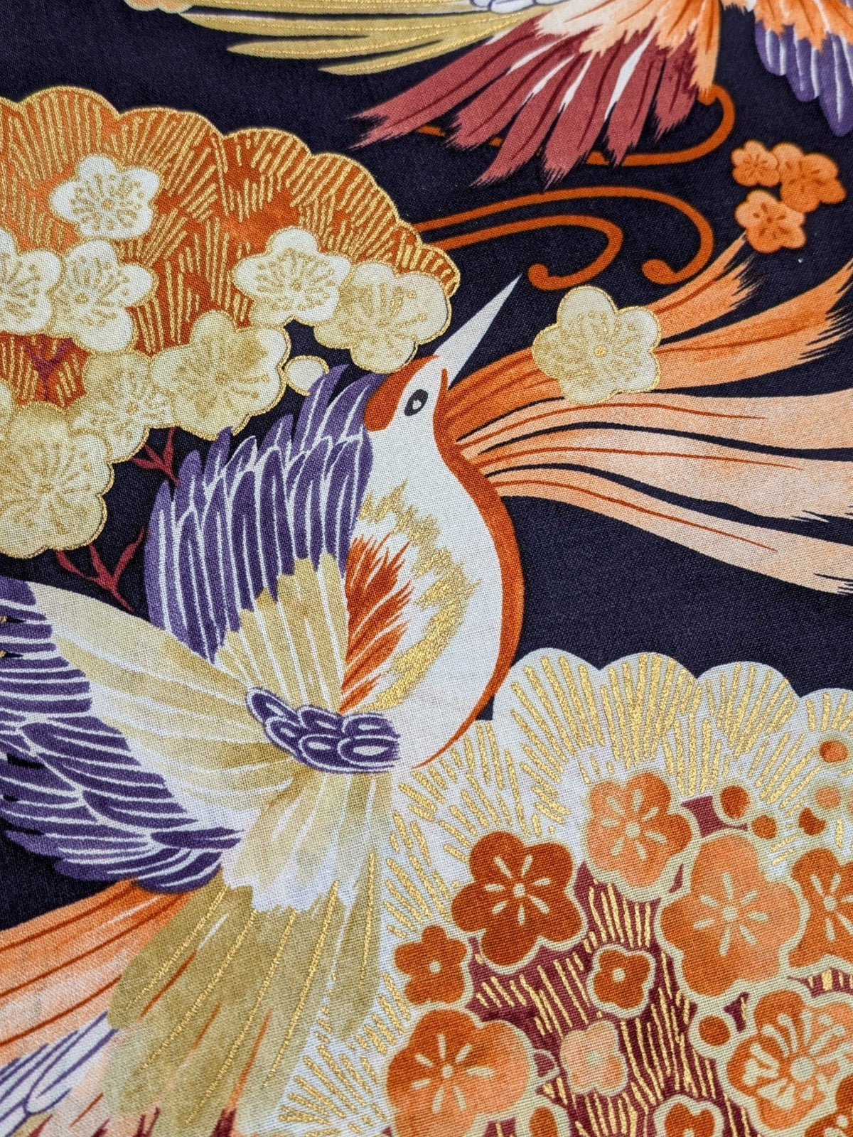 Naka - Golden Feathered Birds Cotton Sheeting Fabric - Purple