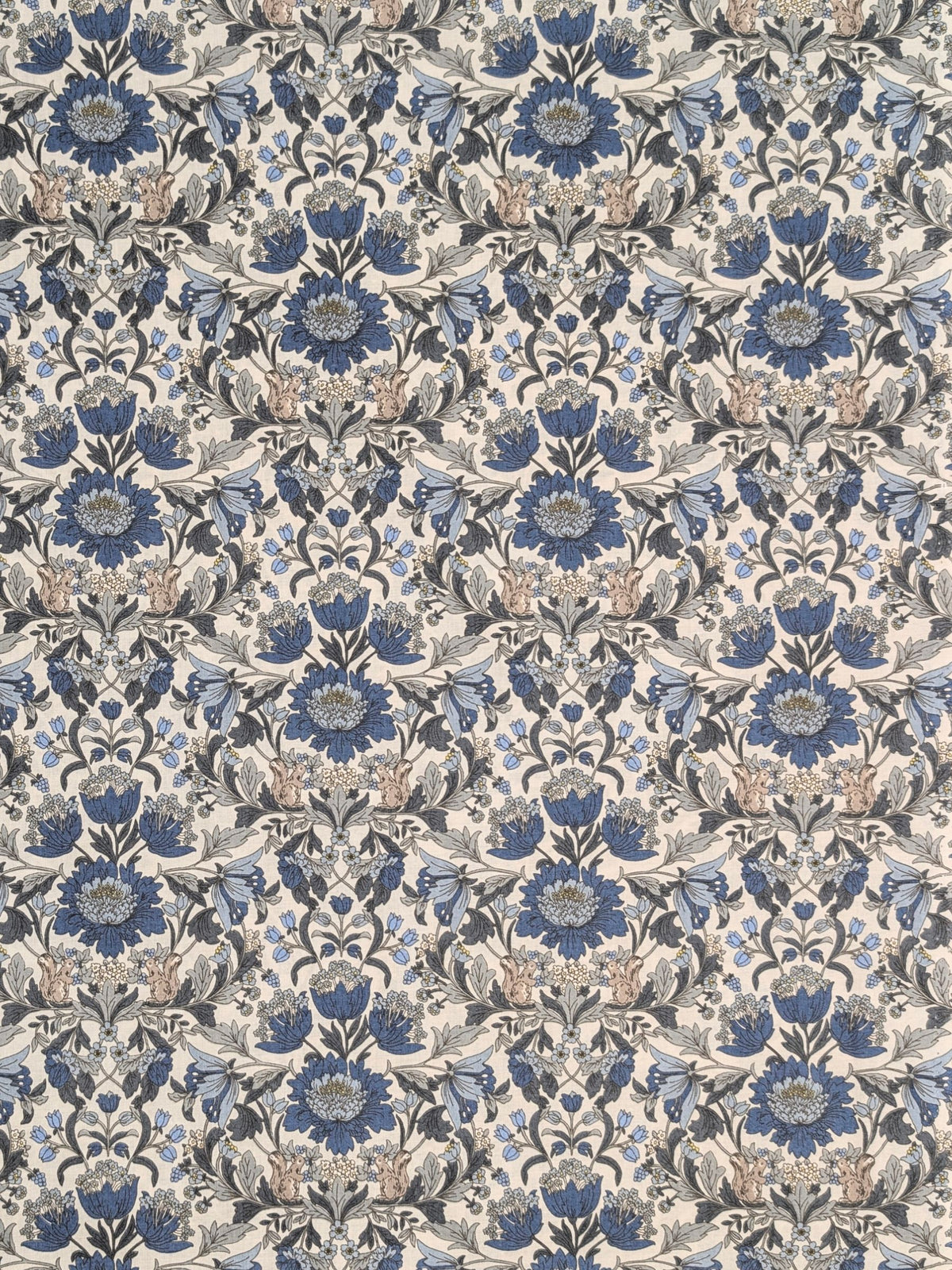 Hokkoh - Squirrels and Mirrored Flowers Cotton Lawn Fabric - White & Blue