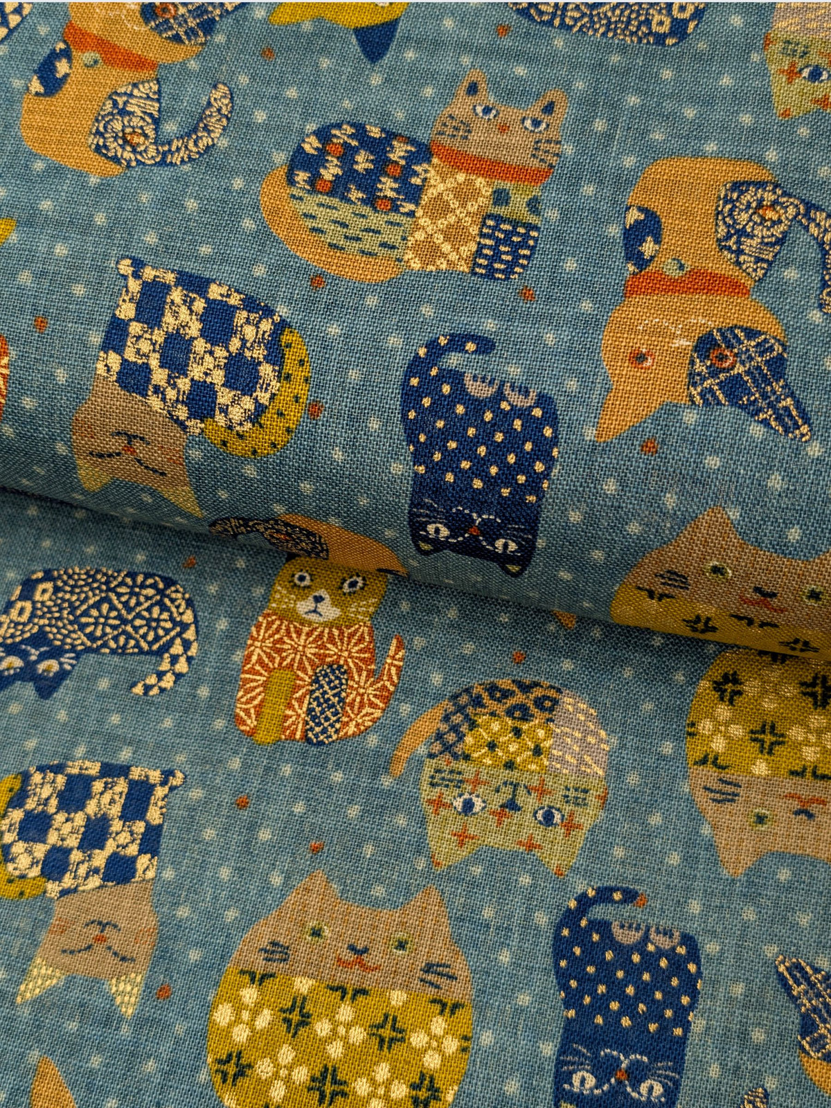 Sevenberry - Patchwork Cats Rustic Weave Cotton Fabric - Teal