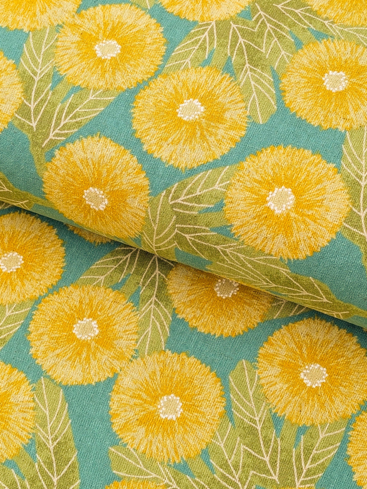 Sevenberry - Tyrolean Daisies Light Cotton Linen Canvas Fabric - Yellow & Teal