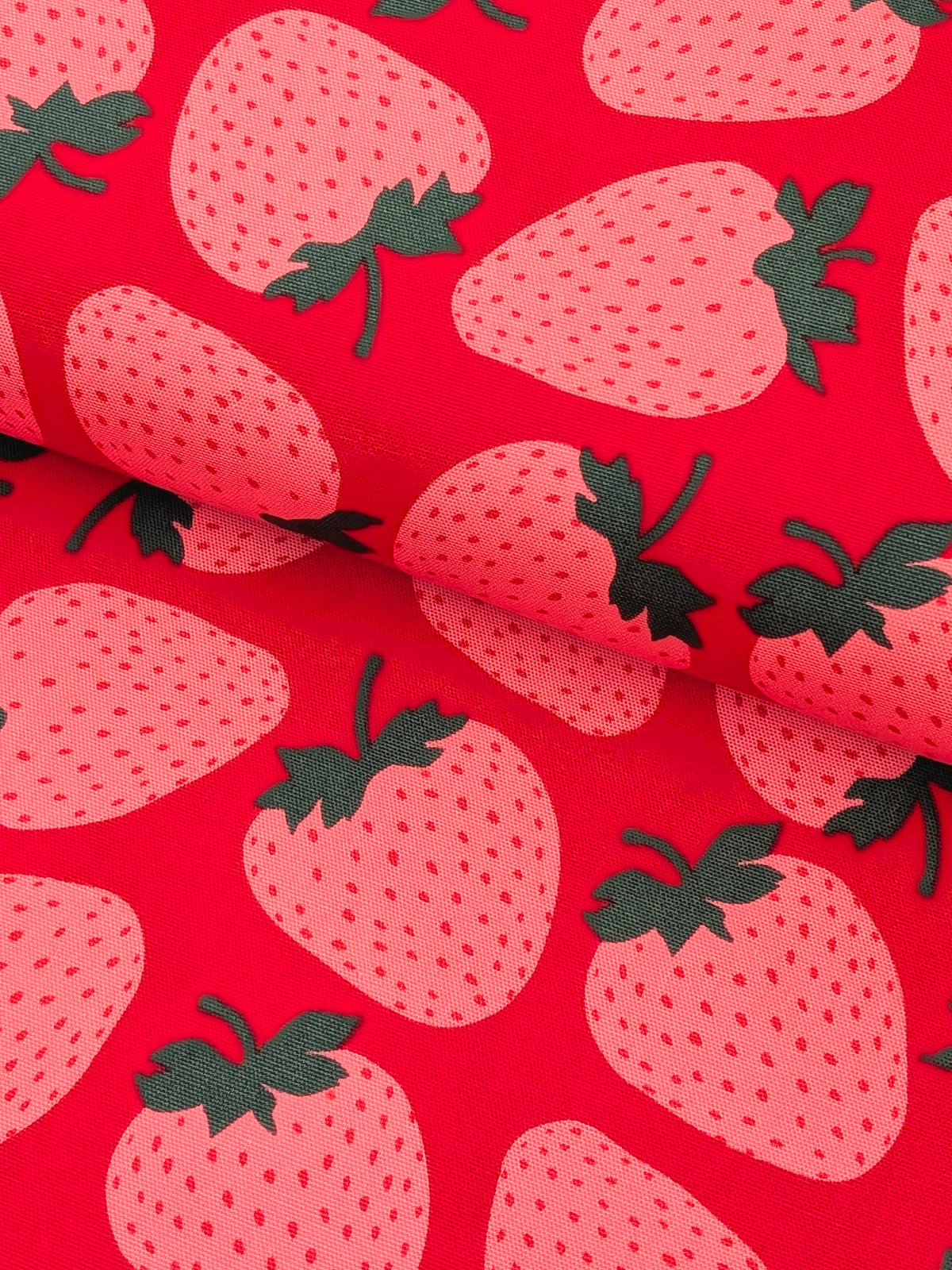 Sevenberry - Big Strawberries Oxford Canvas Cotton Fabric - Pink & Red