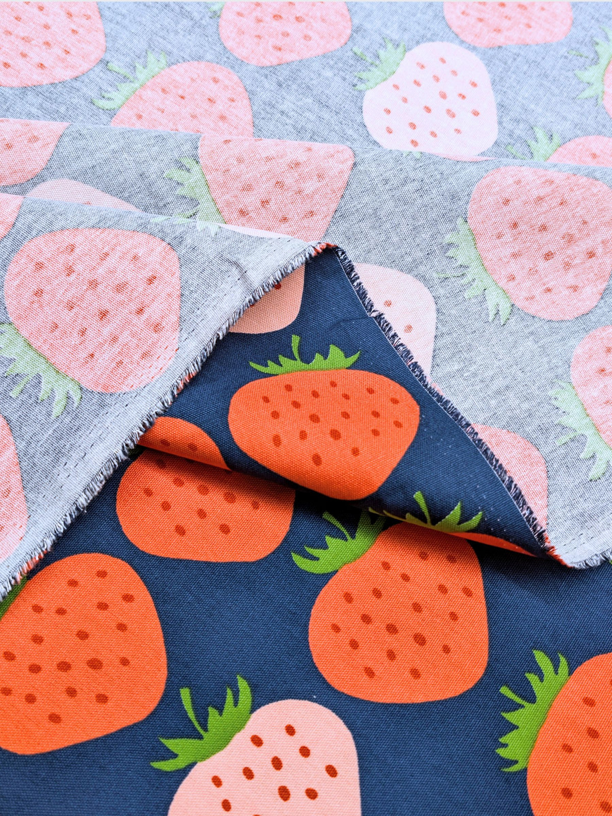 Asano - Big Strawberries Cotton Oxford Canvas Fabric - Navy & Pink REMNANT