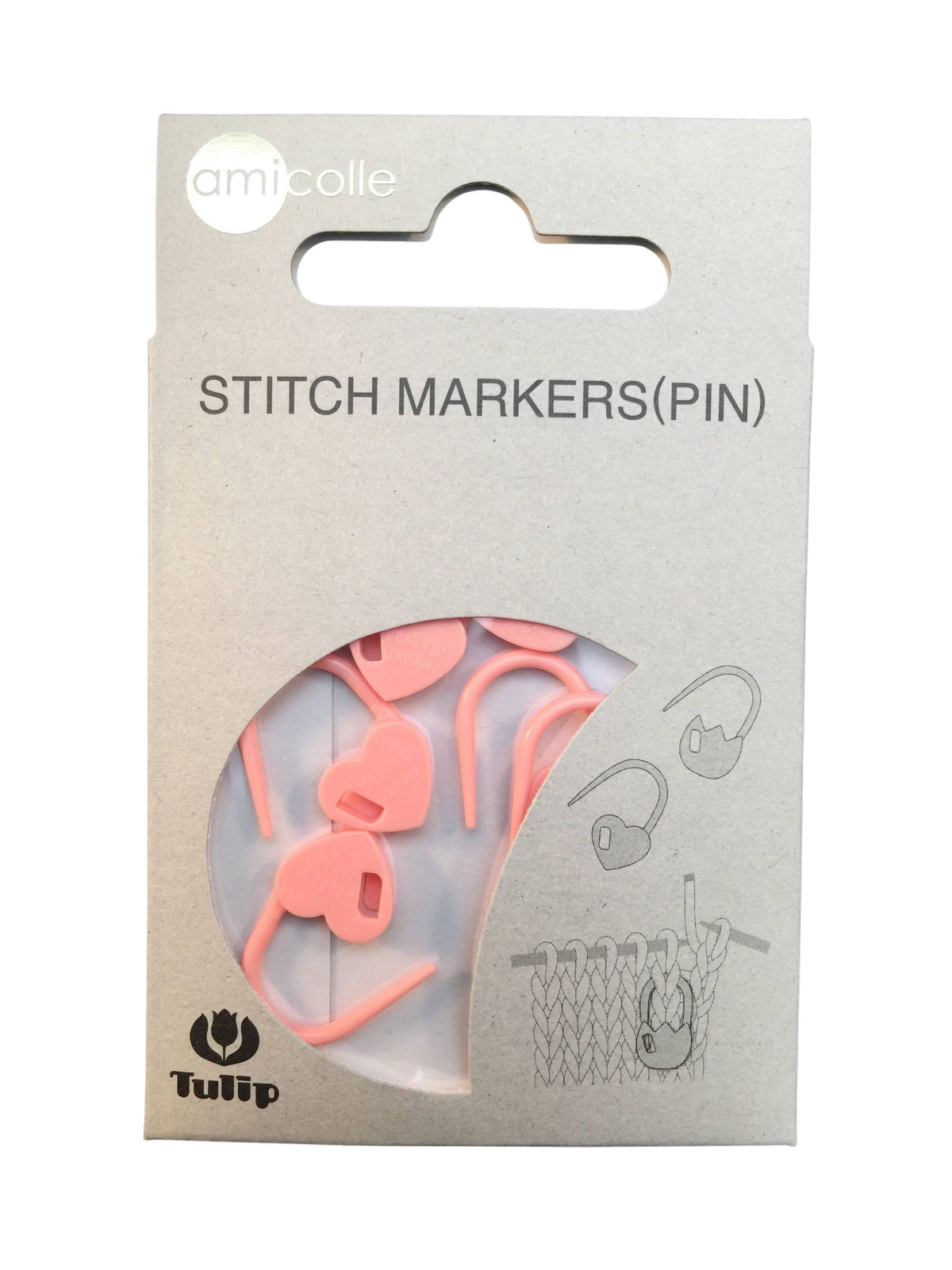Package of stitch markers with pink heart-shaped markers on a white background
