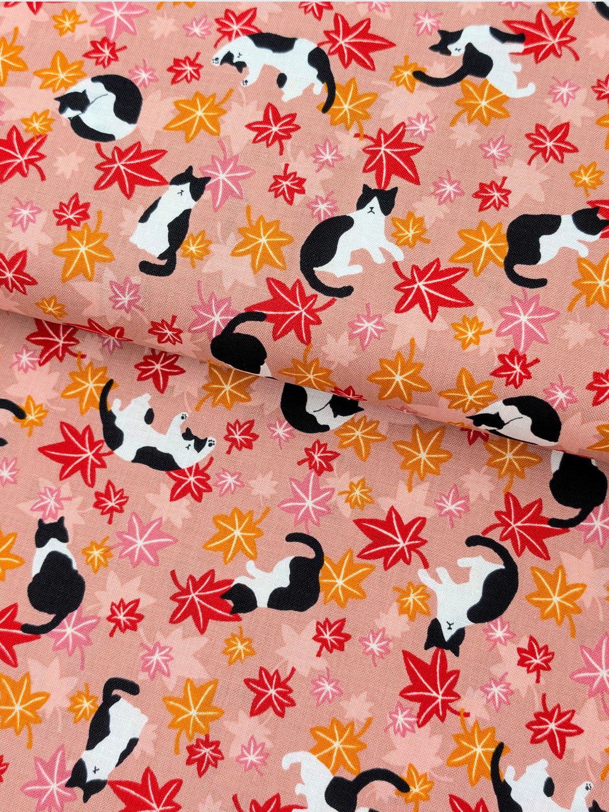 Cosmo - Maple Leaves & Cats Cotton Sheeting Fabric - Pink